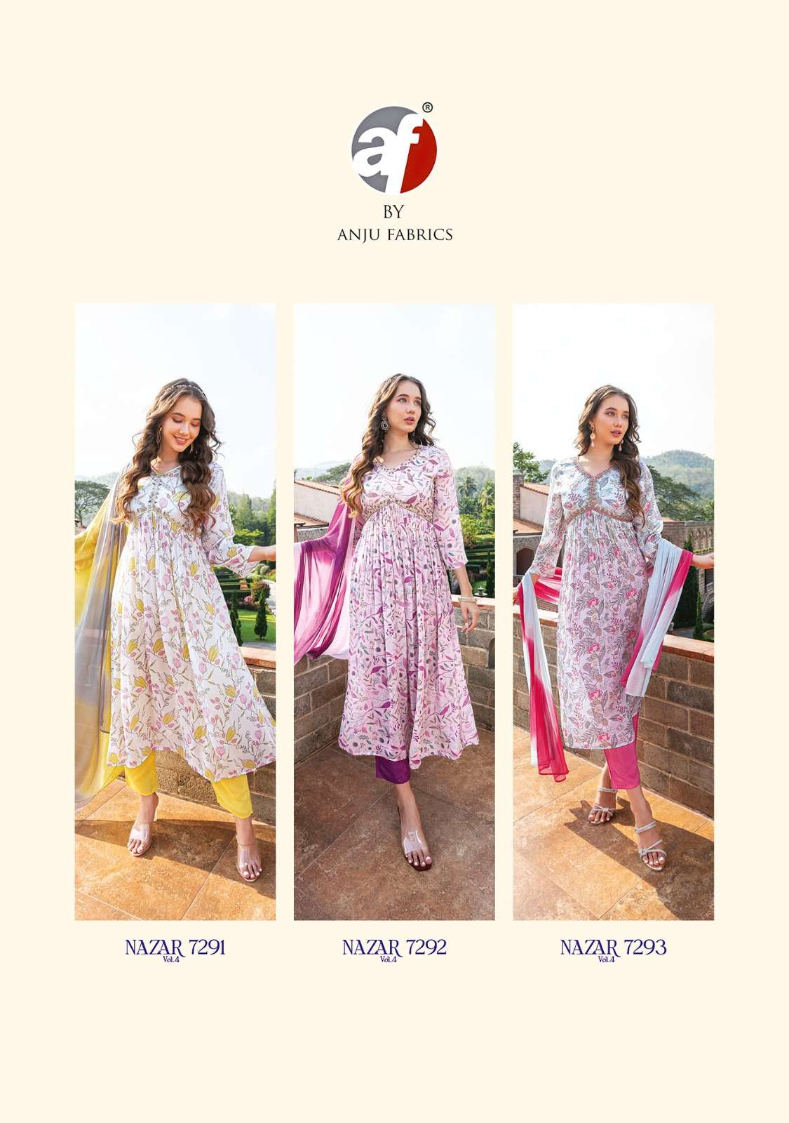 Nazar Vol-4 By Anju Fabrics 7291 To 7296 Series Beautiful Stylish Festive Suits Fancy Colorful Casual Wear & Ethnic Wear & Ready To Wear Pure Chinnon Print Dresses At Wholesale Price