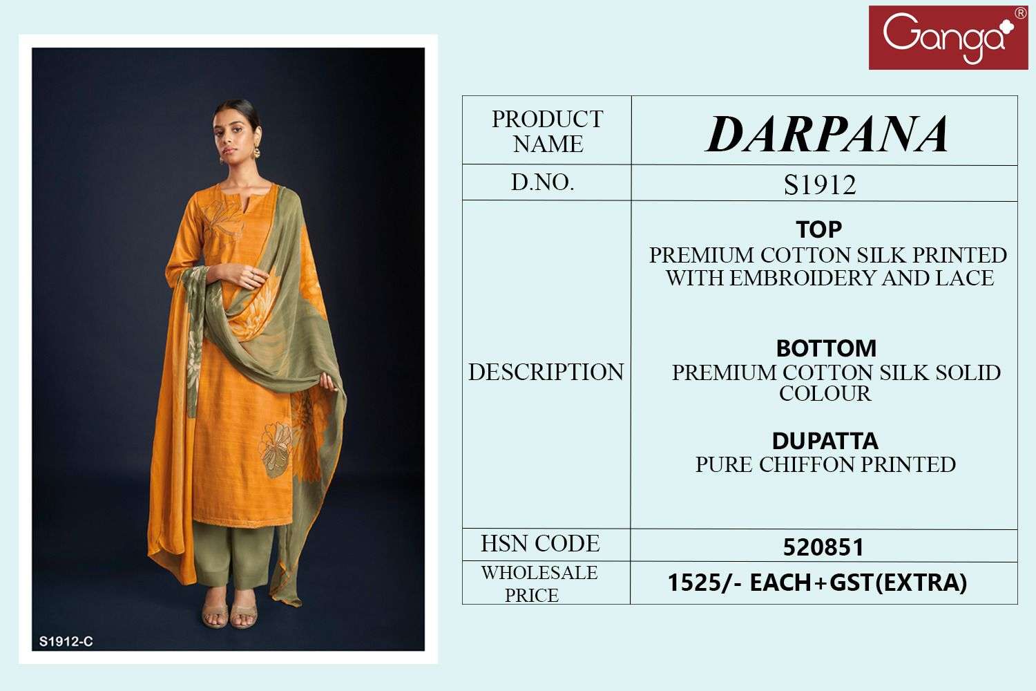 Darpana-1912 By Ganga Fashion 1912-A To 1912-D Series Beautiful Stylish Festive Suits Fancy Colorful Casual Wear & Ethnic Wear & Ready To Wear Cotton Silk Dresses At Wholesale Price