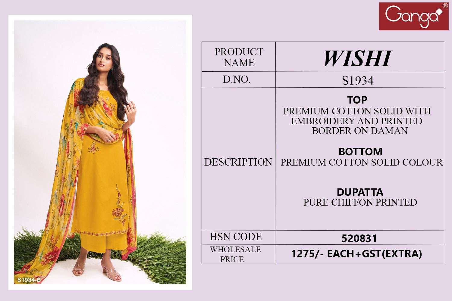 Wishi-1934 By Ganga Fashion 1934-A To 1934-D Series Beautiful Stylish Festive Suits Fancy Colorful Casual Wear & Ethnic Wear & Ready To Wear Cotton Embroidered Dresses At Wholesale Price