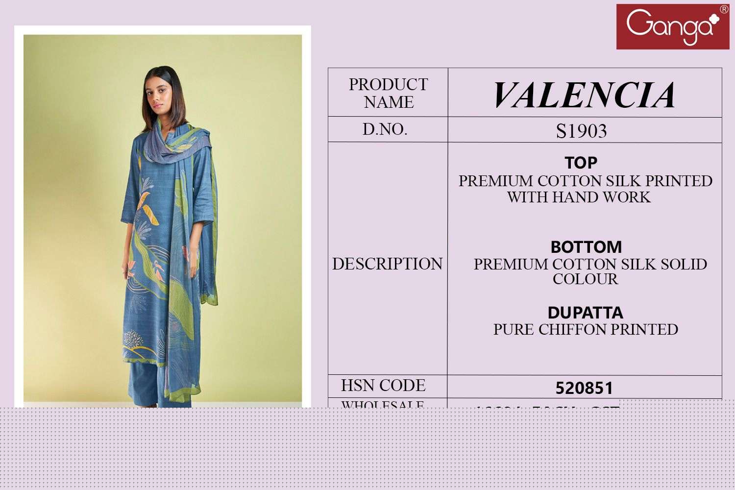 Valencia-1903 By Ganga Fashion 1903-A To 1903-D Series Beautiful Stylish Festive Suits Fancy Colorful Casual Wear & Ethnic Wear & Ready To Wear Cotton Silk Embroidered Dresses At Wholesale Price