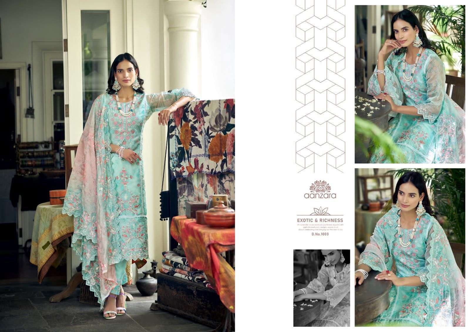 Anaisha By Aanzara 1001 To 1006 Series Beautiful Stylish Festive Suits Fancy Colorful Casual Wear & Ethnic Wear & Ready To Wear Organza Print With Embroidery Dresses At Wholesale Price