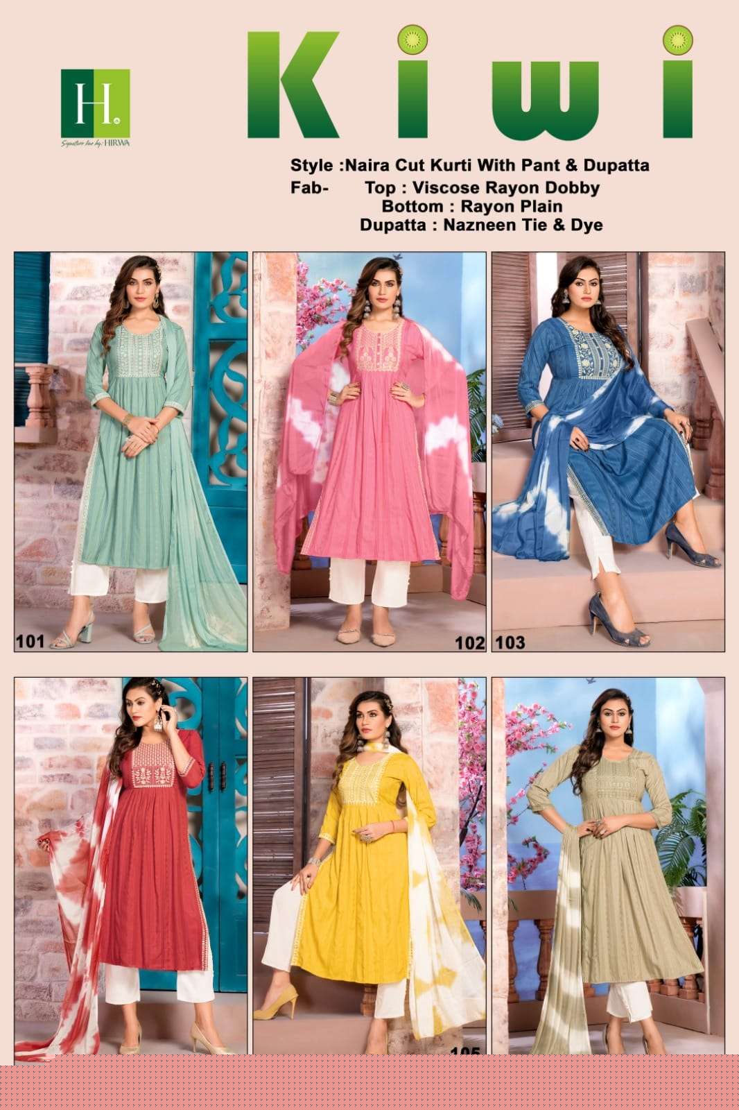 Kiwi By Hirwa 101 To 106 Series Beautiful Festive Suits Colorful Stylish Fancy Casual Wear & Ethnic Wear Viscose Rayon Dresses At Wholesale Price