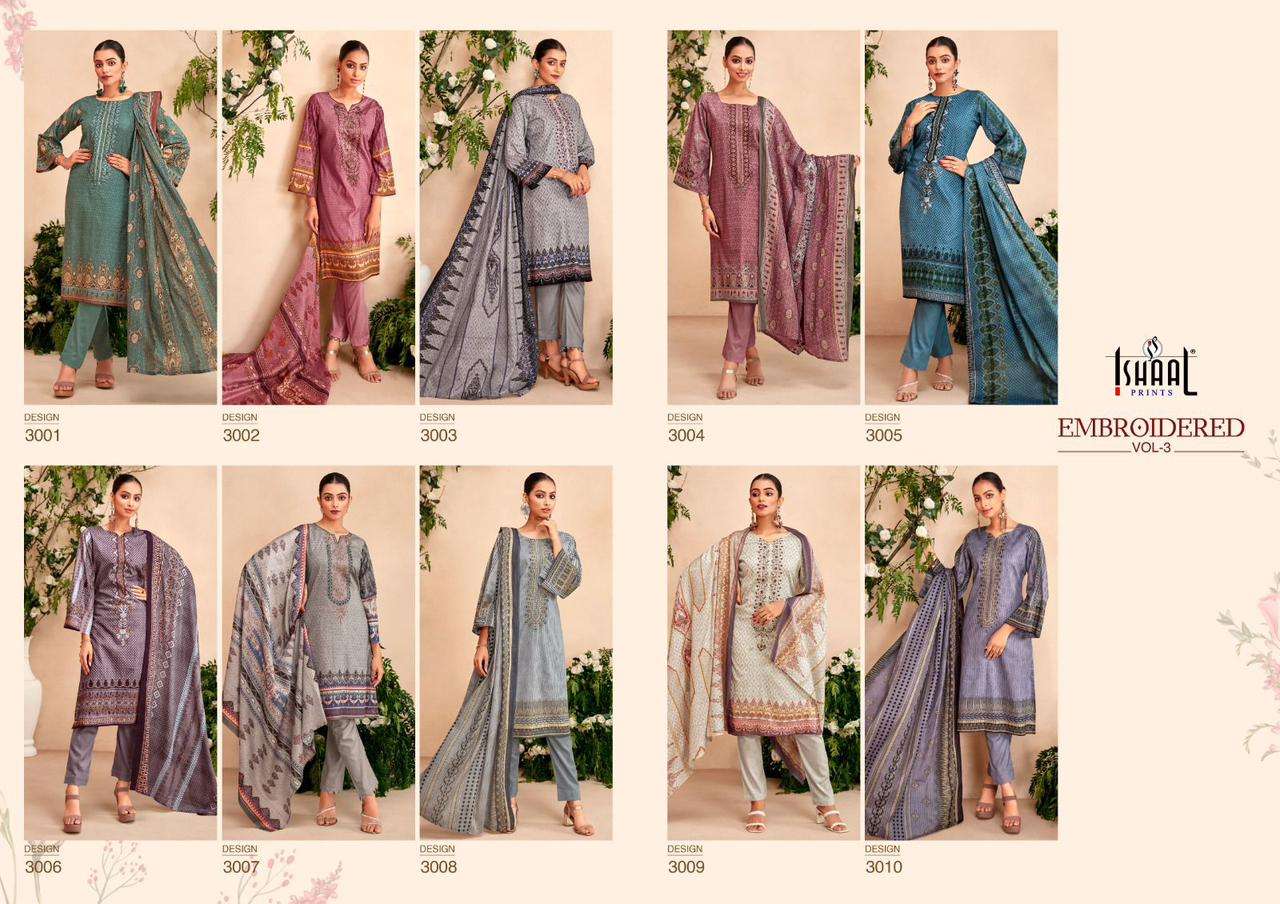 Embroidered Lawn Vol-3 By Ishaal Prints 3001 To 3010 Series Beautiful Festive Suits Colorful Stylish Fancy Casual Wear & Ethnic Wear Pure Lawn Dresses At Wholesale Price