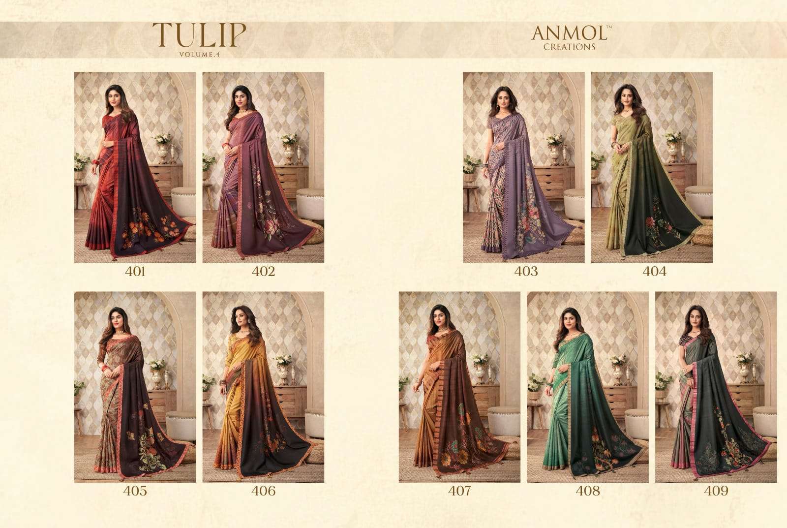 Tulip Vol-4 By Anmol Creation 401 To 409 Series Indian Traditional Wear Collection Beautiful Stylish Fancy Colorful Party Wear & Occasional Wear Fancy Sarees At Wholesale Price
