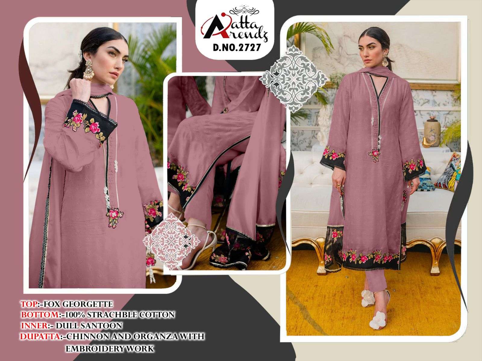 Atta Trendz 2727 Colours By Atta Trendz 2727-A To 2727-C Series Beautiful Pakistani Suits Colorful Stylish Fancy Casual Wear & Ethnic Wear Faux Georgette Embroidered Dresses At Wholesale Price