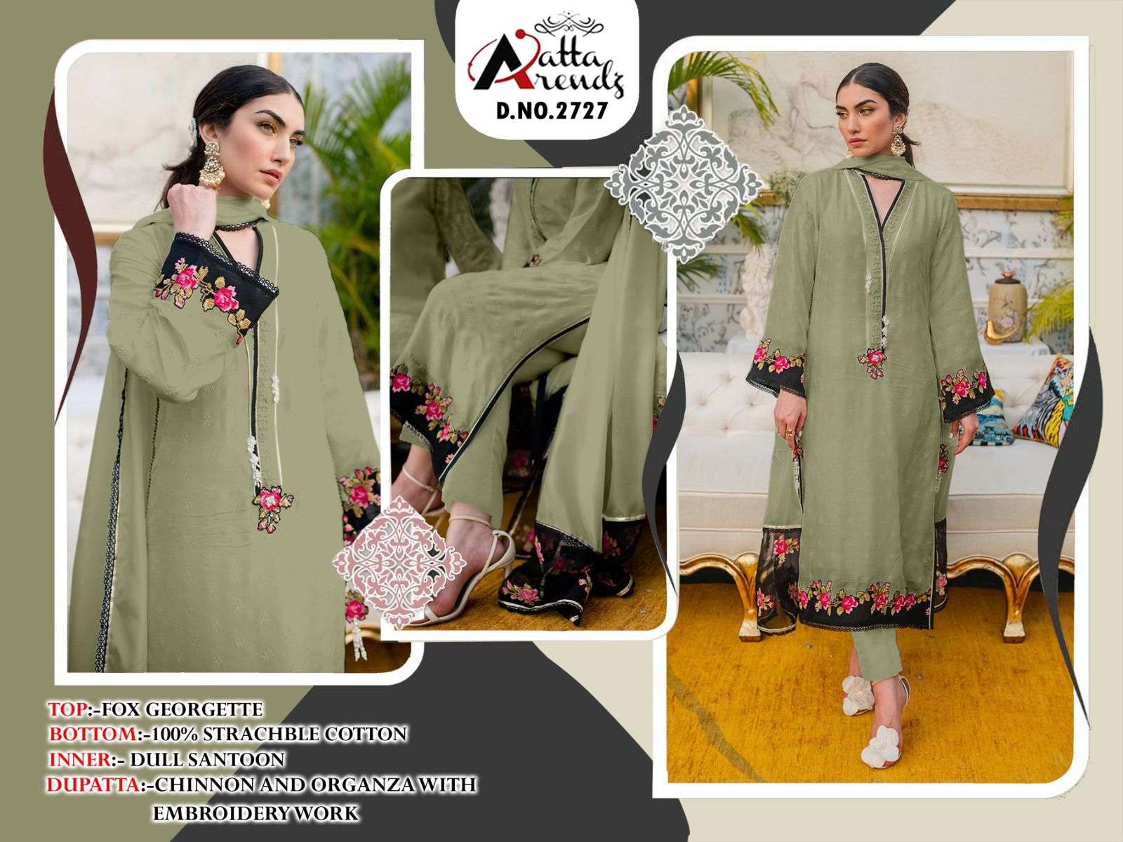 Atta Trendz 2727 Colours By Atta Trendz 2727-A To 2727-C Series Beautiful Pakistani Suits Colorful Stylish Fancy Casual Wear & Ethnic Wear Faux Georgette Embroidered Dresses At Wholesale Price