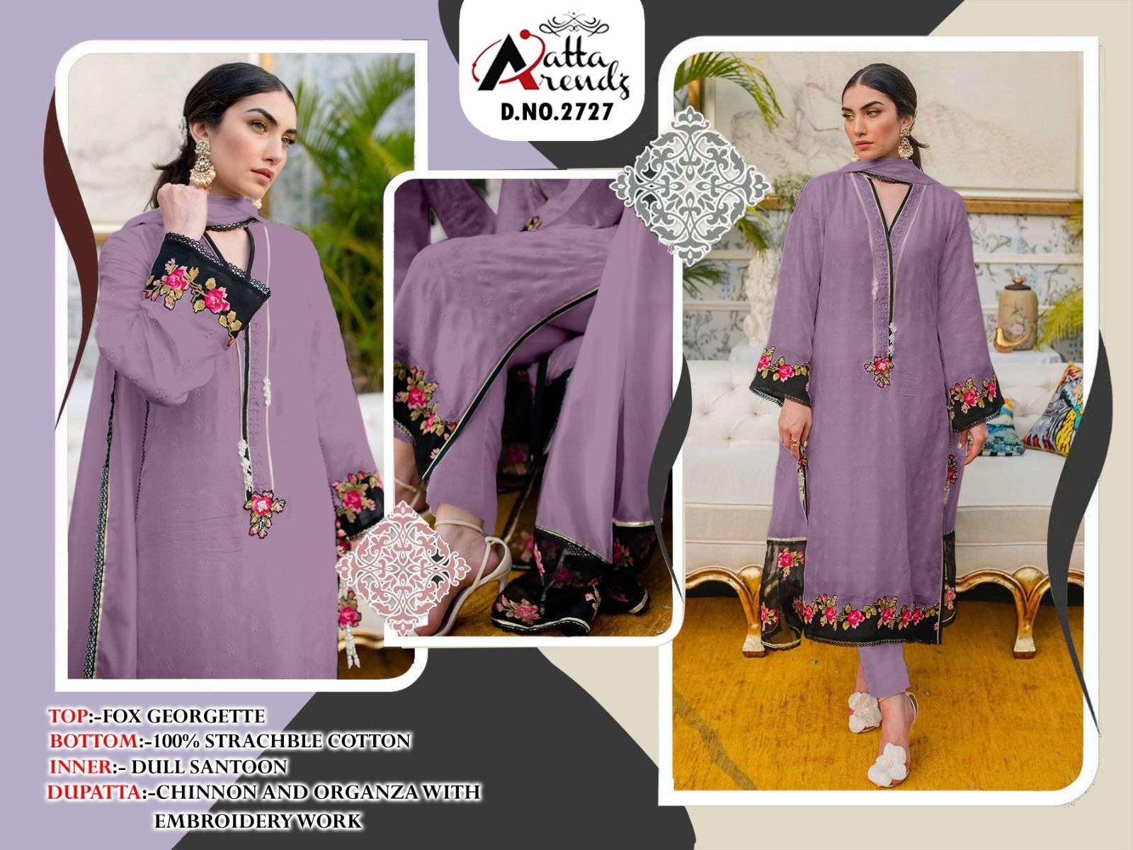 Atta Trendz 2727 Colours By Atta Trendz 2727-A To 2727-C Series Beautiful Pakistani Suits Colorful Stylish Fancy Casual Wear & Ethnic Wear Faux Georgette Embroidered Dresses At Wholesale Price