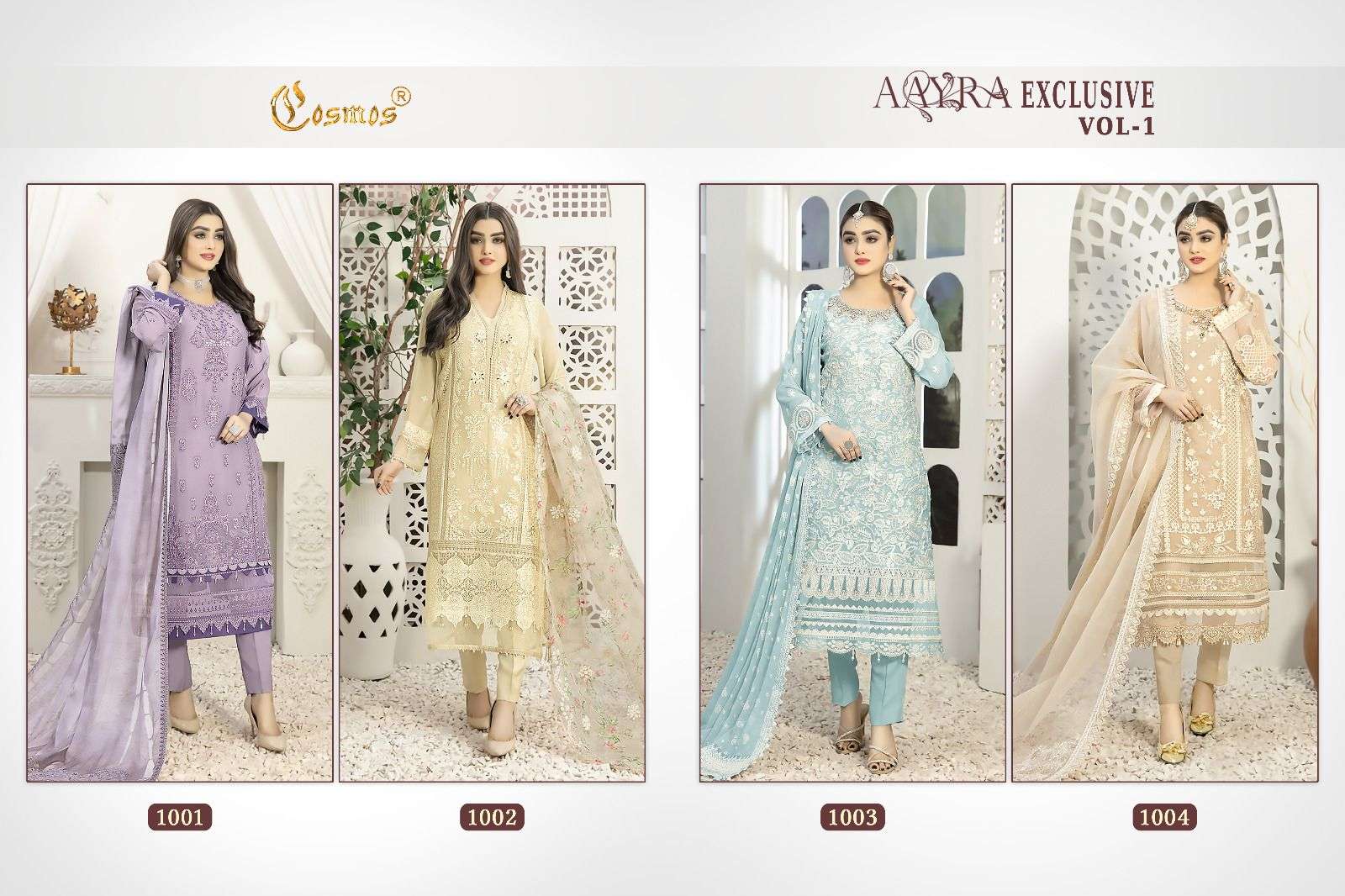 Aayra Exclusive Vol-1 By Cosmos 1001 To 1004 Series Beautiful Stylish Pakistani Suits Fancy Colorful Casual Wear & Ethnic Wear & Ready To Wear Pure Faux Georgette Embroidery Dresses At Wholesale Price