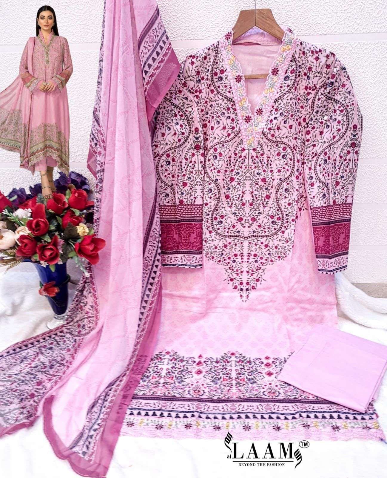 Laam Hit Design 7791 Colours By Fashid Wholesale 7791-B To 7791-F Series Pakistani Stylish Beautiful Colourful Printed & Embroidered Party Wear & Occasional Wear Cambric Cotton With Work Dresses At Wholesale Price