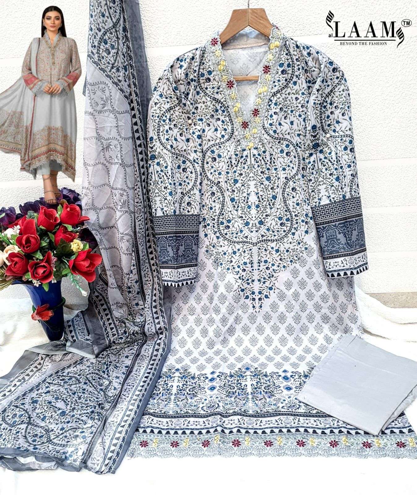 Laam Hit Design 7791 Colours By Fashid Wholesale 7791-B To 7791-F Series Pakistani Stylish Beautiful Colourful Printed & Embroidered Party Wear & Occasional Wear Cambric Cotton With Work Dresses At Wholesale Price