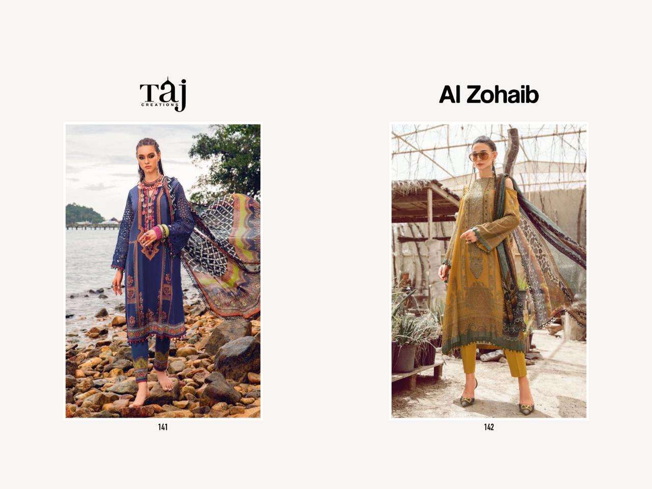 Al Zohaib By Taj Creations 141 To 142 Series Pakistani Suits Beautiful Fancy Colorful Stylish Party Wear & Occasional Wear Pure Cotton With Embroidery Dresses At Wholesale Price