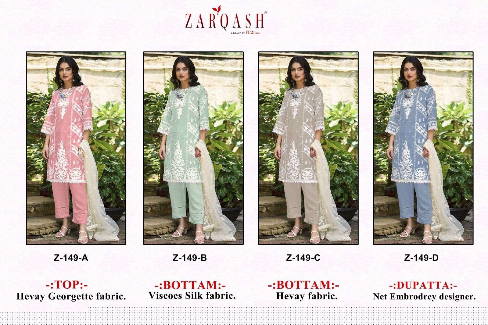 Zarqash Hit Design 149 Colours By Zarqash 149-A To 149-D Series Pakistani Suits Beautiful Fancy Colorful Stylish Party Wear & Occasional Wear Heavy Georgette Embroidery Dresses At Wholesale Price