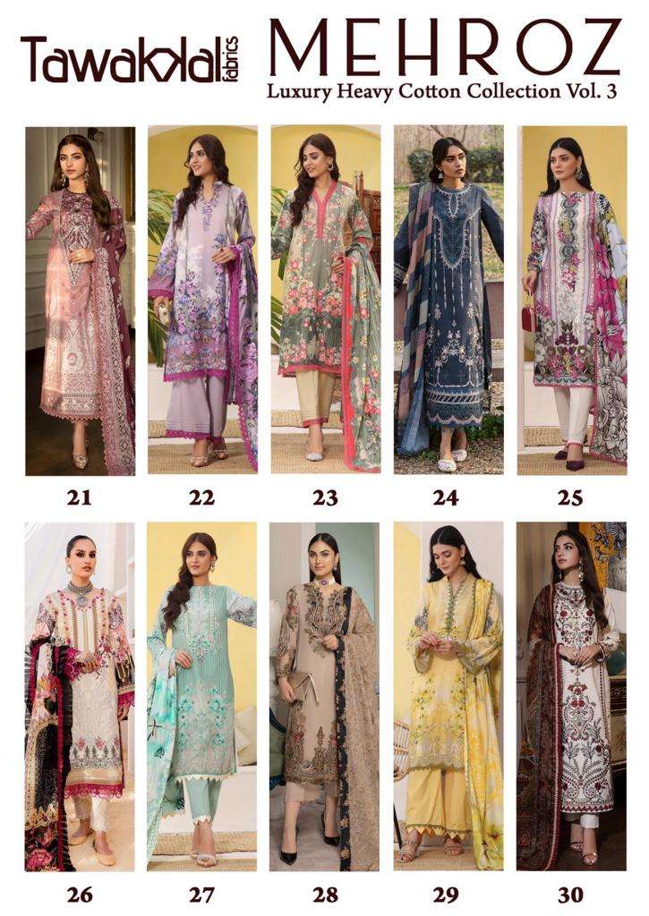 Mehroz Vol-3 By Tawakkal Fab 21 To 30 Series Beautiful Festive Suits Colorful Stylish Fancy Casual Wear & Ethnic Wear Cotton Print Dresses At Wholesale Price