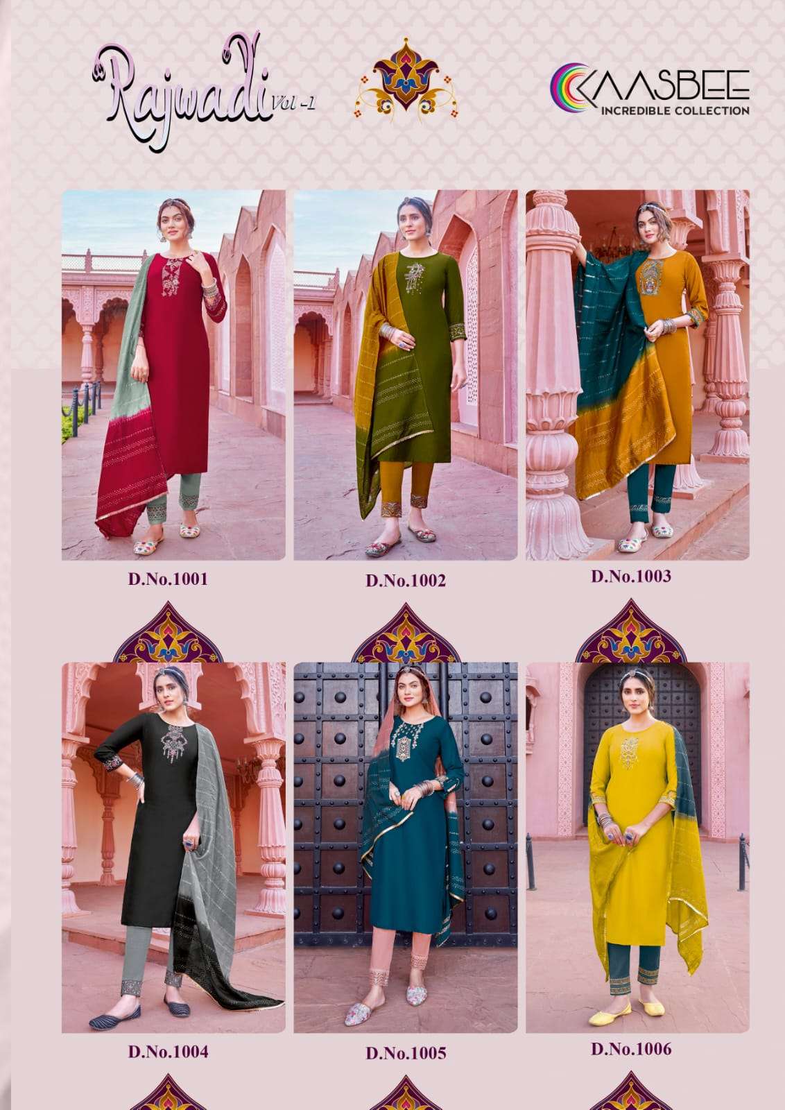 Rajwadi Vol-1 By Kaasbee 1001 To 1006 Series Beautiful Stylish Festive Suits Fancy Colorful Casual Wear & Ethnic Wear & Ready To Wear Pure Viscose Chinnon Dresses At Wholesale Price