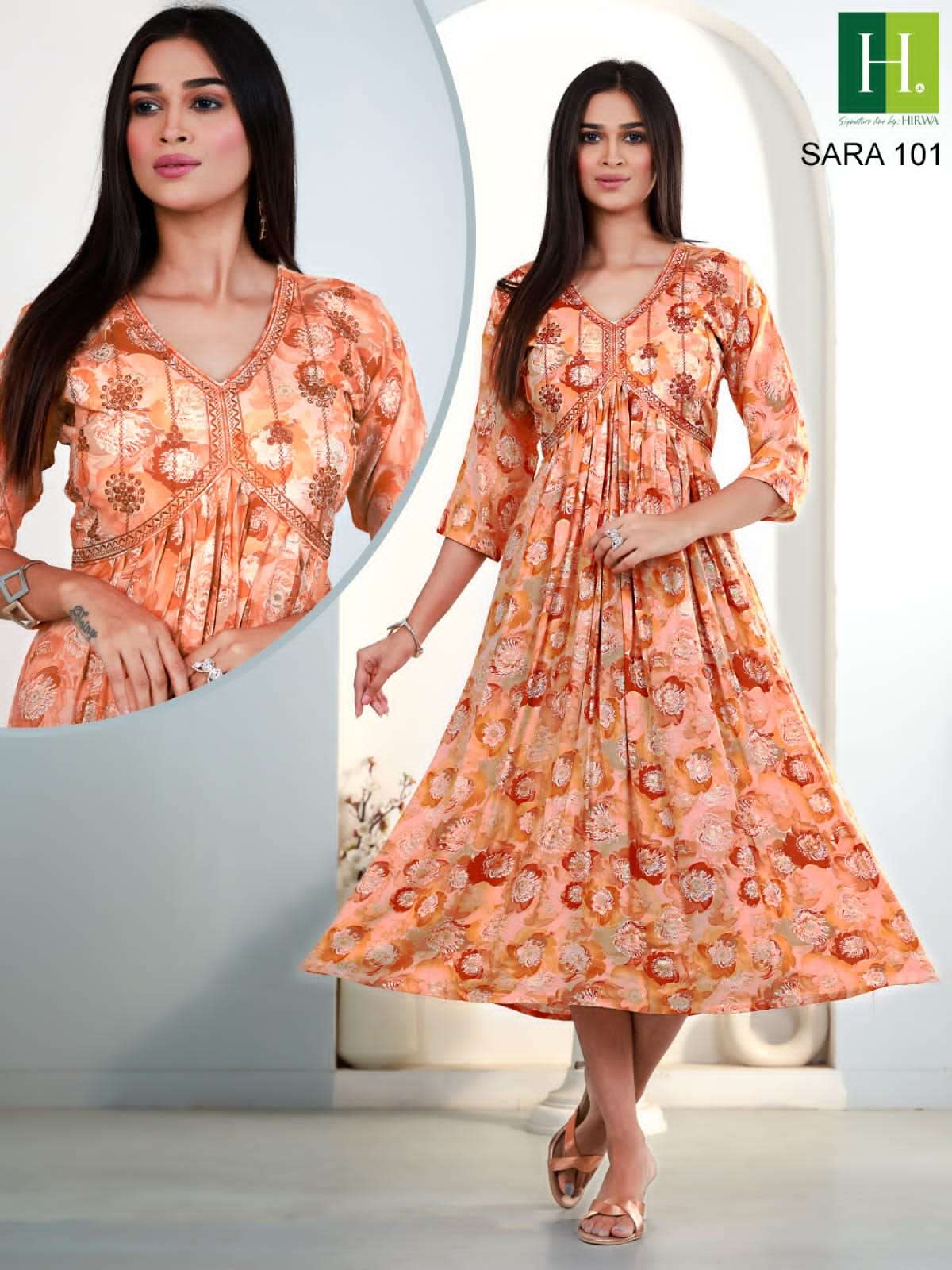Sara By Hirwa 101 To 106 Series Beautiful Stylish Fancy Colorful Casual Wear & Ethnic Wear Heavy Rayon Foil Print Kurtis At Wholesale Price