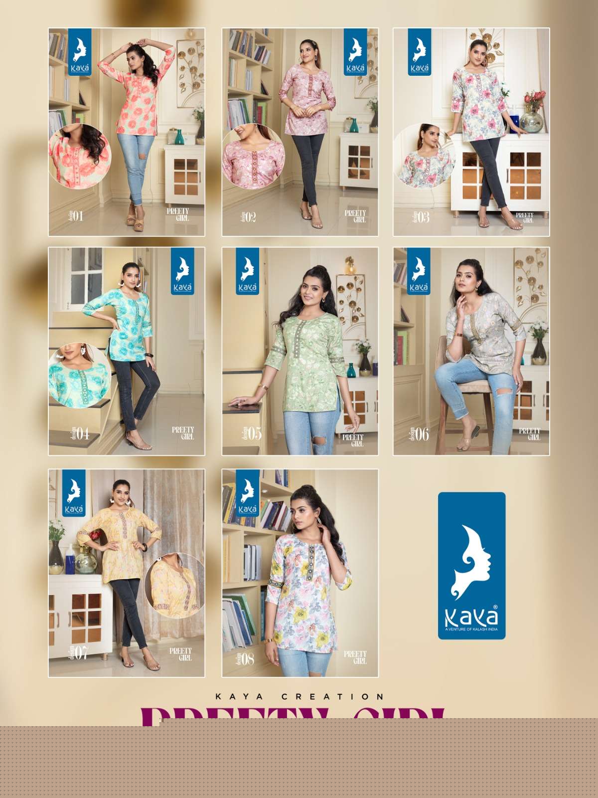 Preety Girl By Kaya 01 To 08 Series Beautiful Stylish Fancy Colorful Casual Wear & Ethnic Wear Rayon Foil Print Tops At Wholesale Price