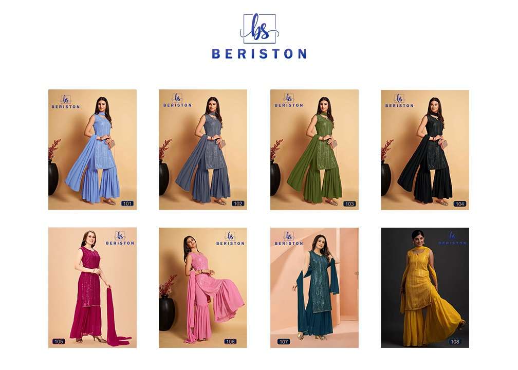 Bs Vol-1 By Beriston 101 To 108 Series Designer Sharara Suits Collection Beautiful Stylish Fancy Colorful Party Wear & Occasional Wear Georgette Print Dresses At Wholesale Price