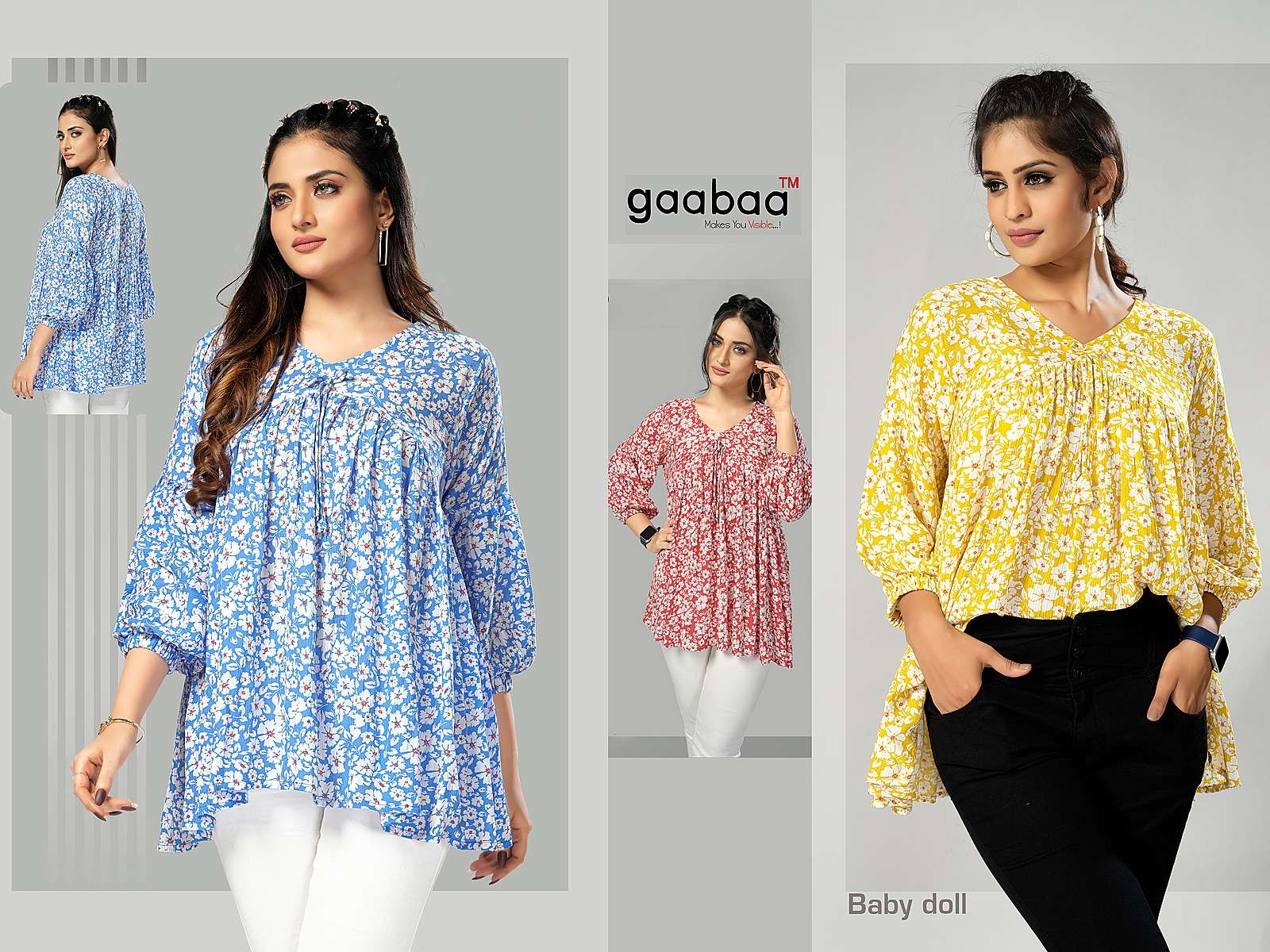 Baby Doll By Gaabaa 01 To 03 Series Beautiful Stylish Fancy Colorful Casual Wear & Ethnic Wear Heavy Rayon Tops At Wholesale Price