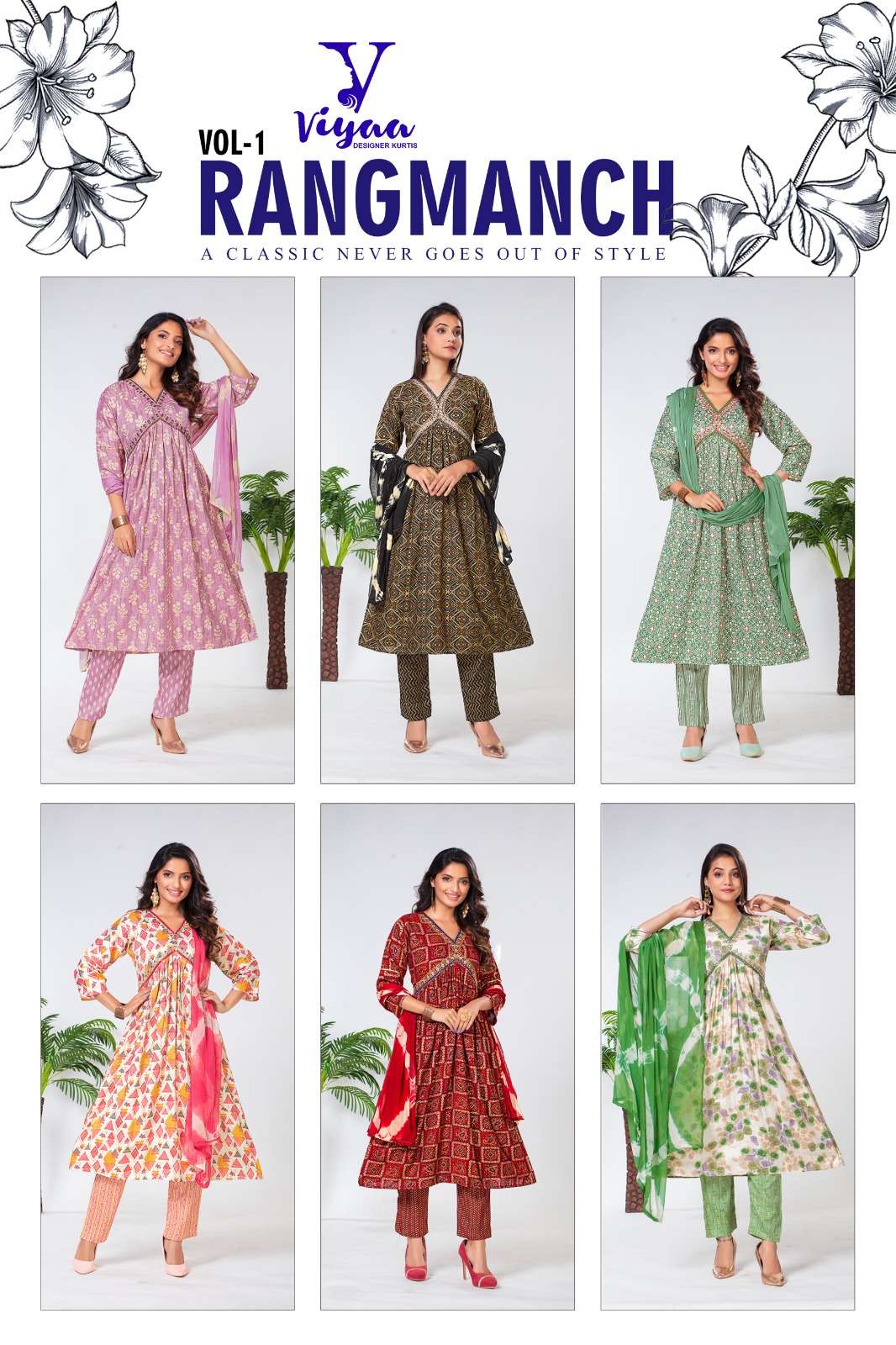 Rangmanch Vol-1By Viyaa Designer 101 To 106 Series Beautiful Suits Colorful Stylish Fancy Casual Wear & Ethnic Wear Pure Rayon Print Dresses At Wholesale Price