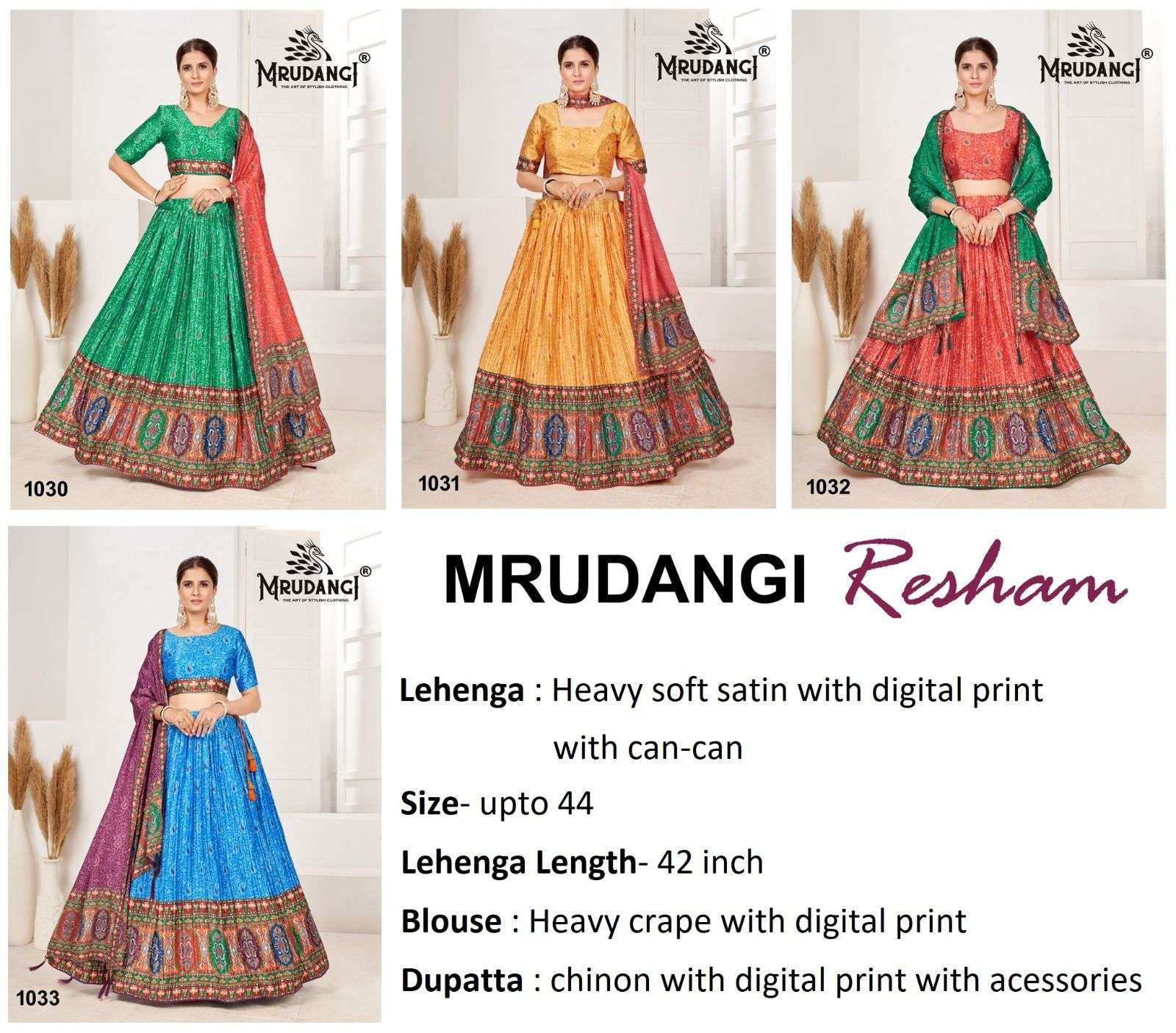 Resham By Mrudangi 1030 To 1033 Series Festive Wear Collection Beautiful Stylish Colorful Fancy Party Wear & Occasional Wear Heavy Satin Lehengas At Wholesale Price