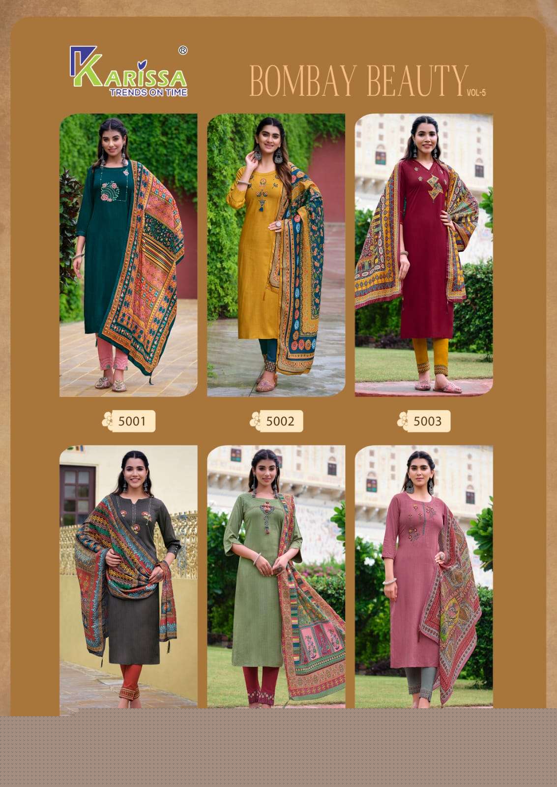 Bombay Beauty Vol-5 By Karissa 5001 To 5006 Series Designer Festive Suits Beautiful Fancy Colorful Stylish Party Wear & Occasional Wear Viscose Rayon Dresses At Wholesale Price