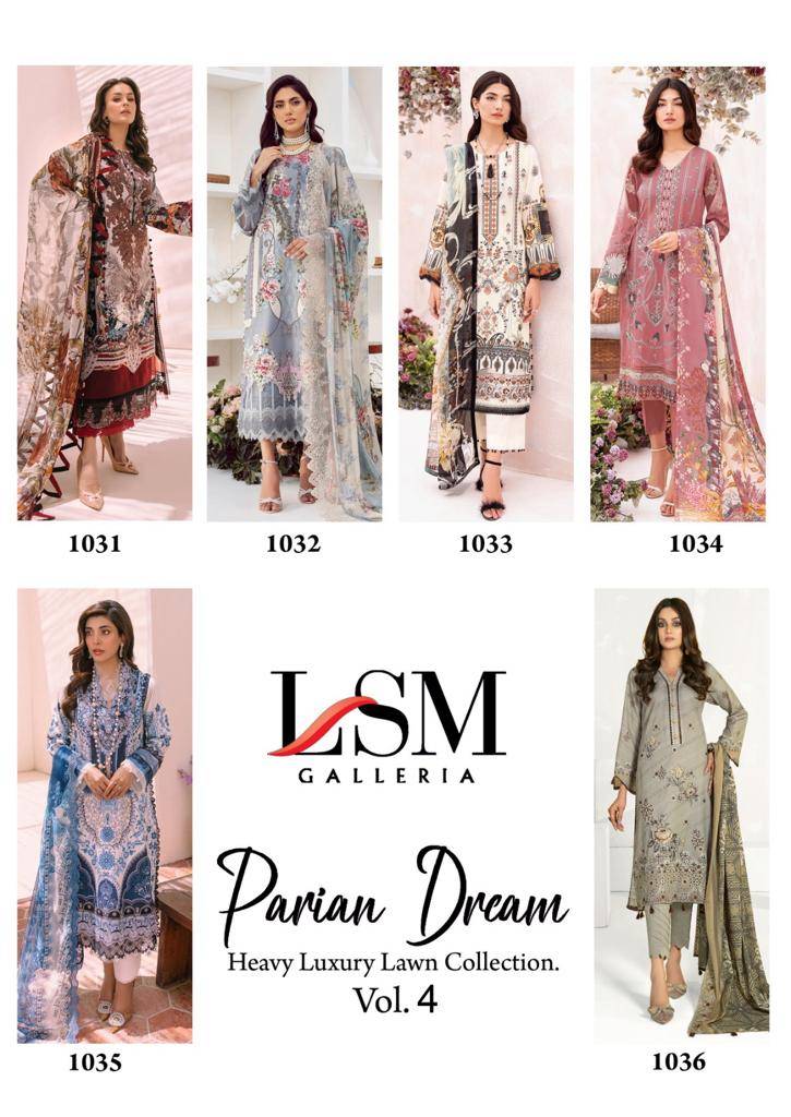 Parian Dream Vol-4 By Lsm Galleria 1031 To 1036 Series Beautiful Pakistani Suits Stylish Fancy Colorful Casual Wear & Ethnic Wear Pure Lawn Dresses At Wholesale Price