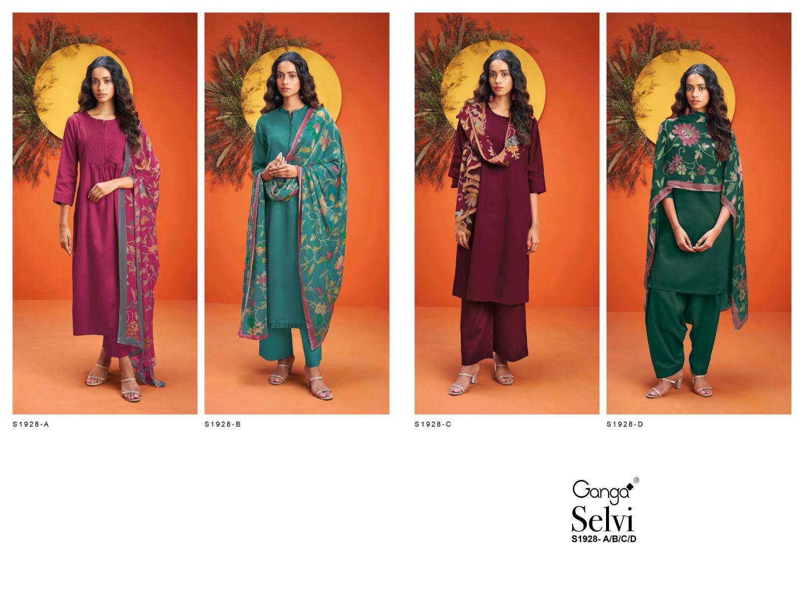 Selvi-1928 By Ganga Fashion 1928-A To 1928-D Series Beautiful Stylish Festive Suits Fancy Colorful Casual Wear & Ethnic Wear & Ready To Wear Premium Cotton Satin Dresses At Wholesale Price