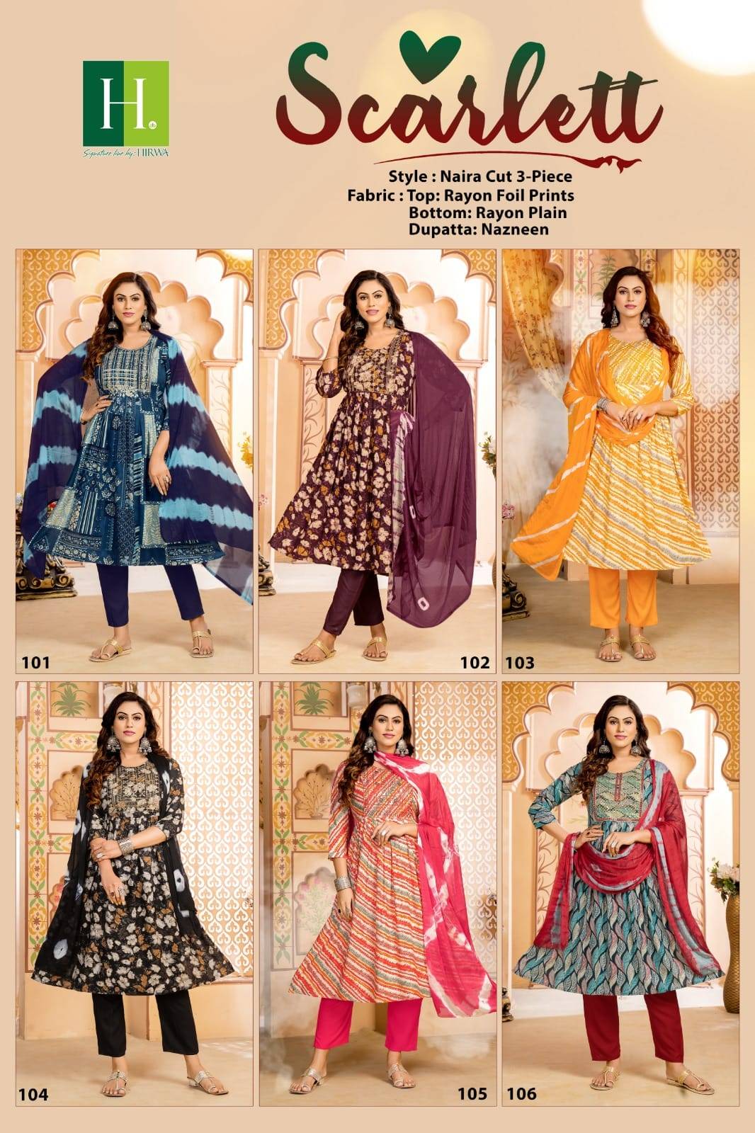 Scarlett By Hirwa 101 To 106 Series Beautiful Stylish Festive Suits Fancy Colorful Casual Wear & Ethnic Wear & Ready To Wear Rayon Foil Dresses At Wholesale Price