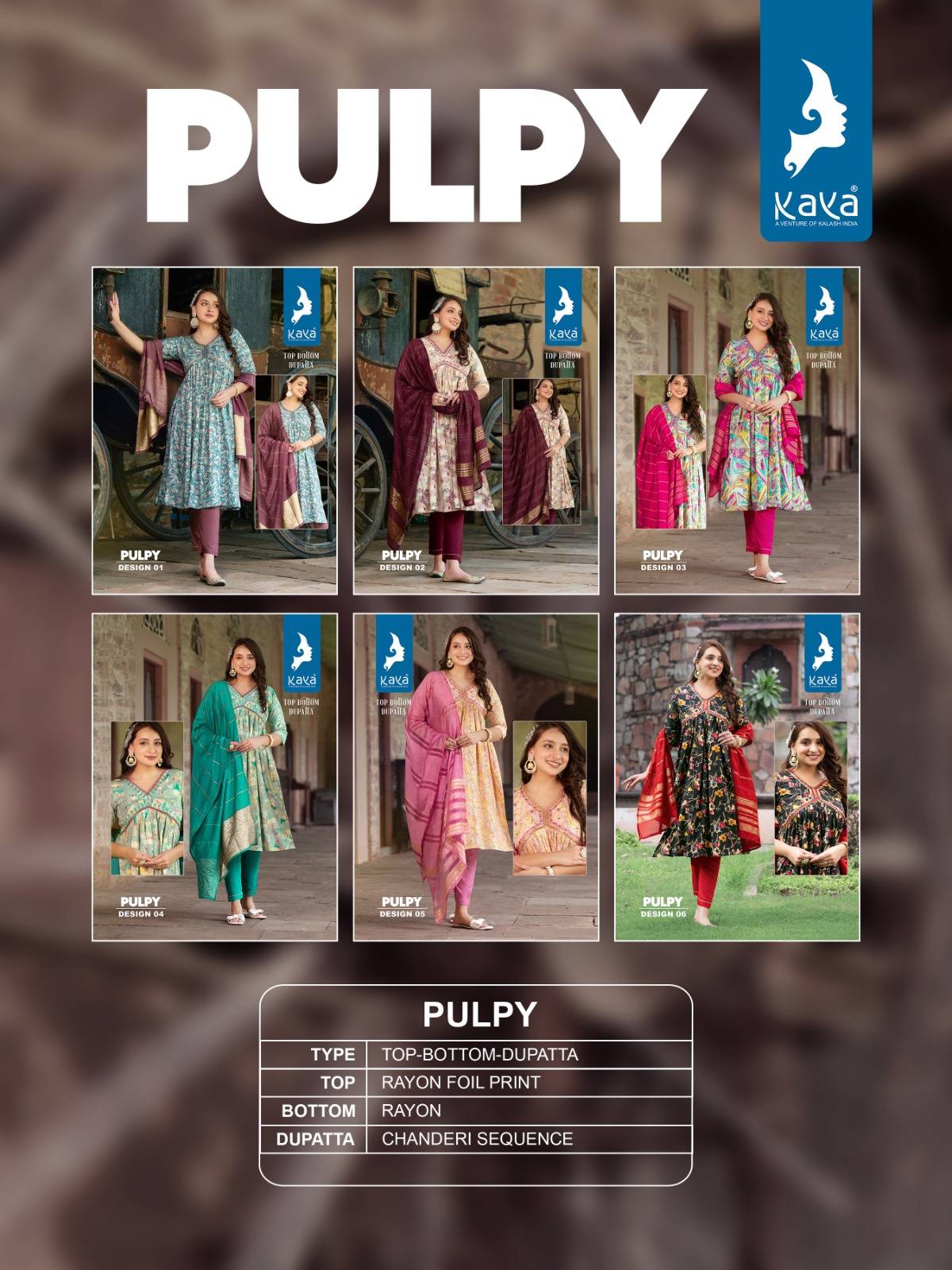 Pulpy By Kaya 01 To 06 Series Beautiful Suits Colorful Stylish Fancy Casual Wear & Ethnic Wear Heavy Rayon Foil Dresses At Wholesale Price