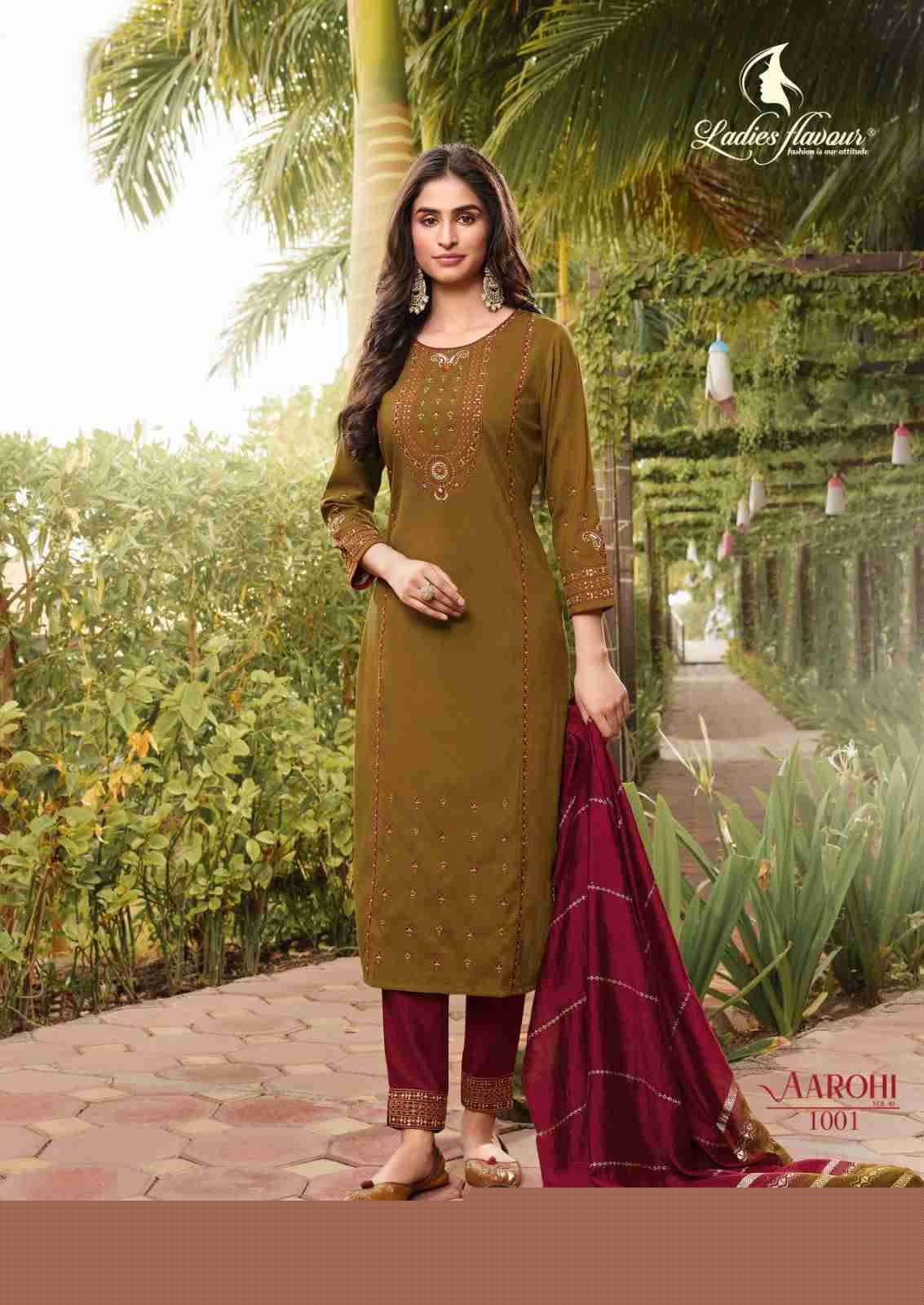 Aarohi Vol-10 By Ladies Flavour 1001 To 1004 Series Beautiful Stylish Suits Fancy Colorful Casual Wear & Ethnic Wear & Ready To Wear Chinnon Embroidered Dresses At Wholesale Price