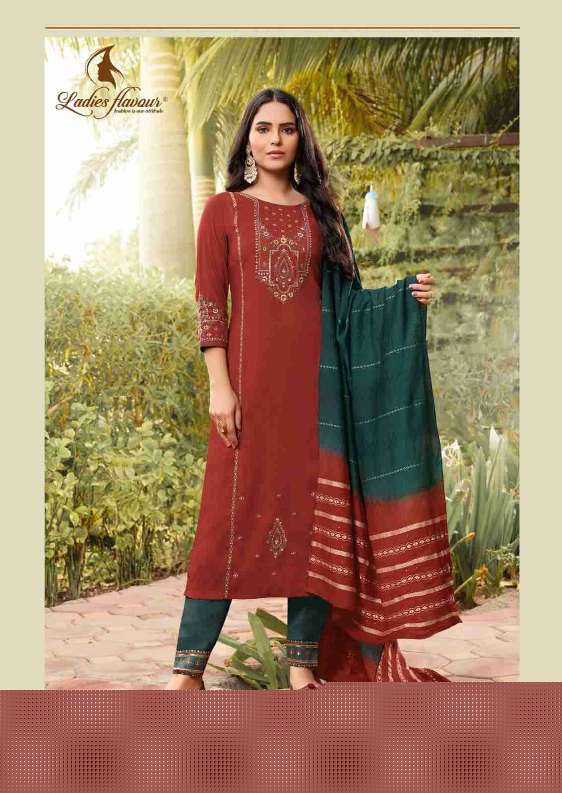 Aarohi Vol-10 By Ladies Flavour 1001 To 1004 Series Beautiful Stylish Suits Fancy Colorful Casual Wear & Ethnic Wear & Ready To Wear Chinnon Embroidered Dresses At Wholesale Price