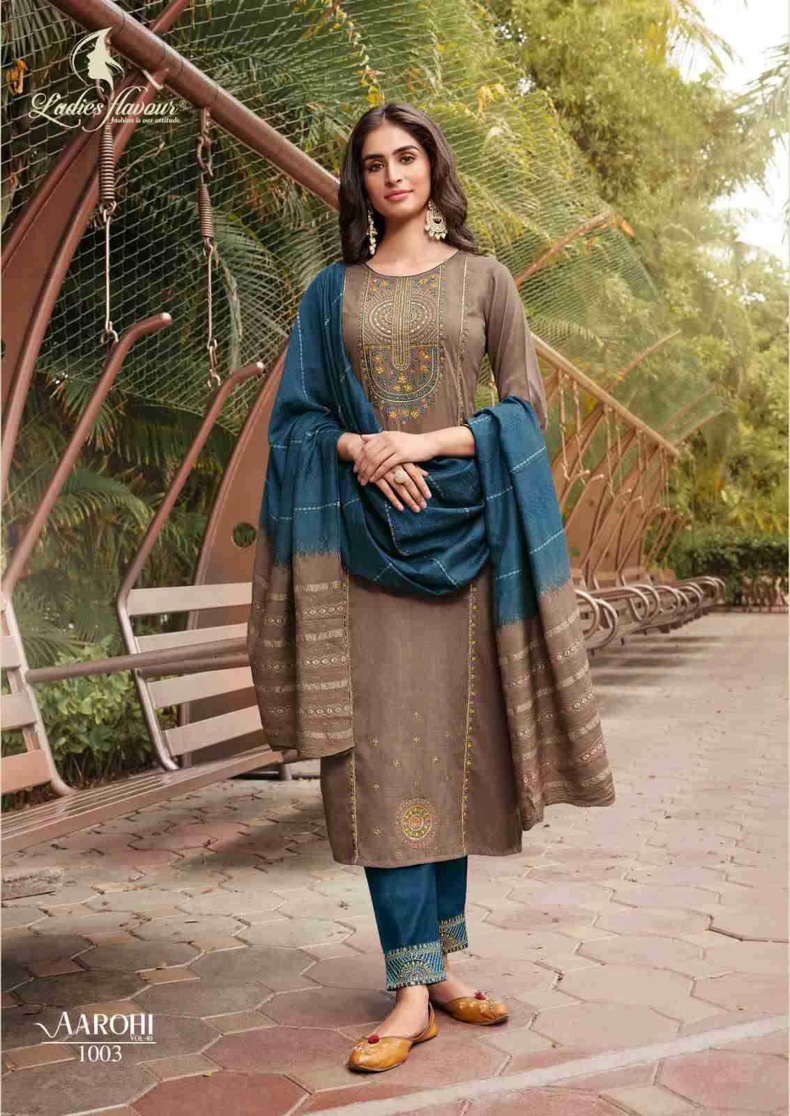 Aarohi Vol-10 By Ladies Flavour 1001 To 1004 Series Beautiful Stylish Suits Fancy Colorful Casual Wear & Ethnic Wear & Ready To Wear Chinnon Embroidered Dresses At Wholesale Price