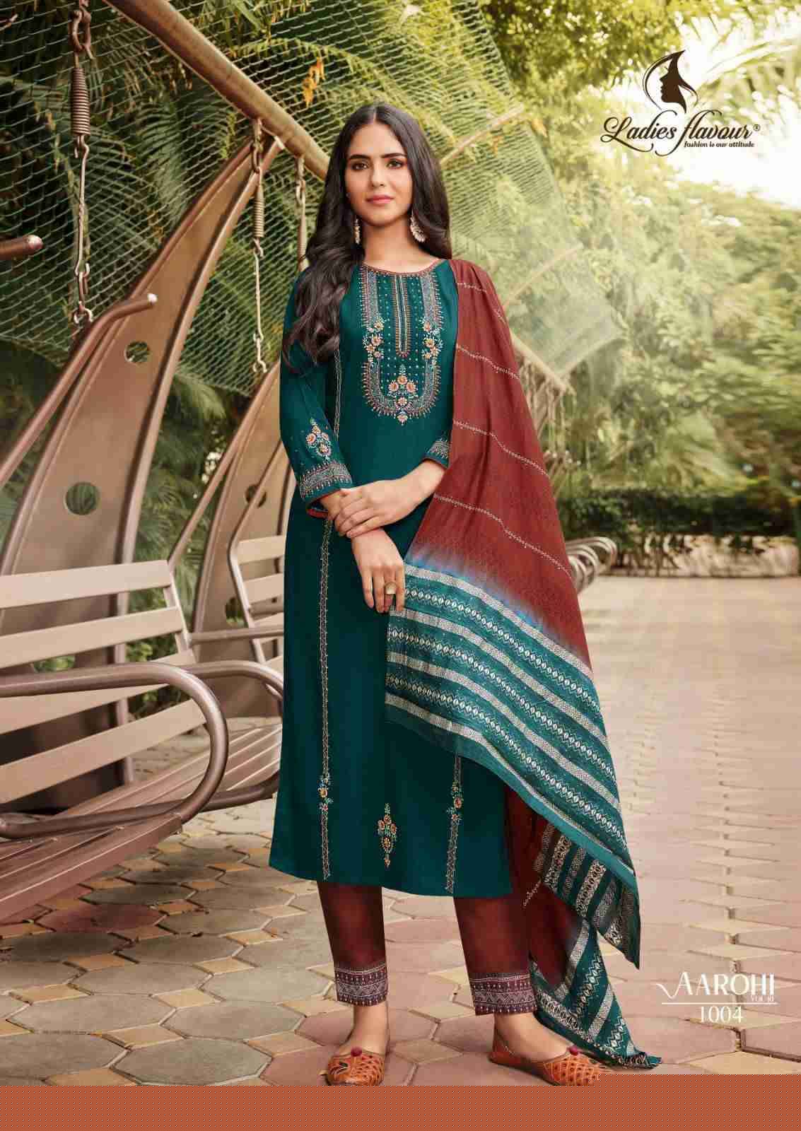 Aarohi Vol-10 By Ladies Flavour 1001 To 1004 Series Beautiful Stylish Suits Fancy Colorful Casual Wear & Ethnic Wear & Ready To Wear Chinnon Embroidered Dresses At Wholesale Price
