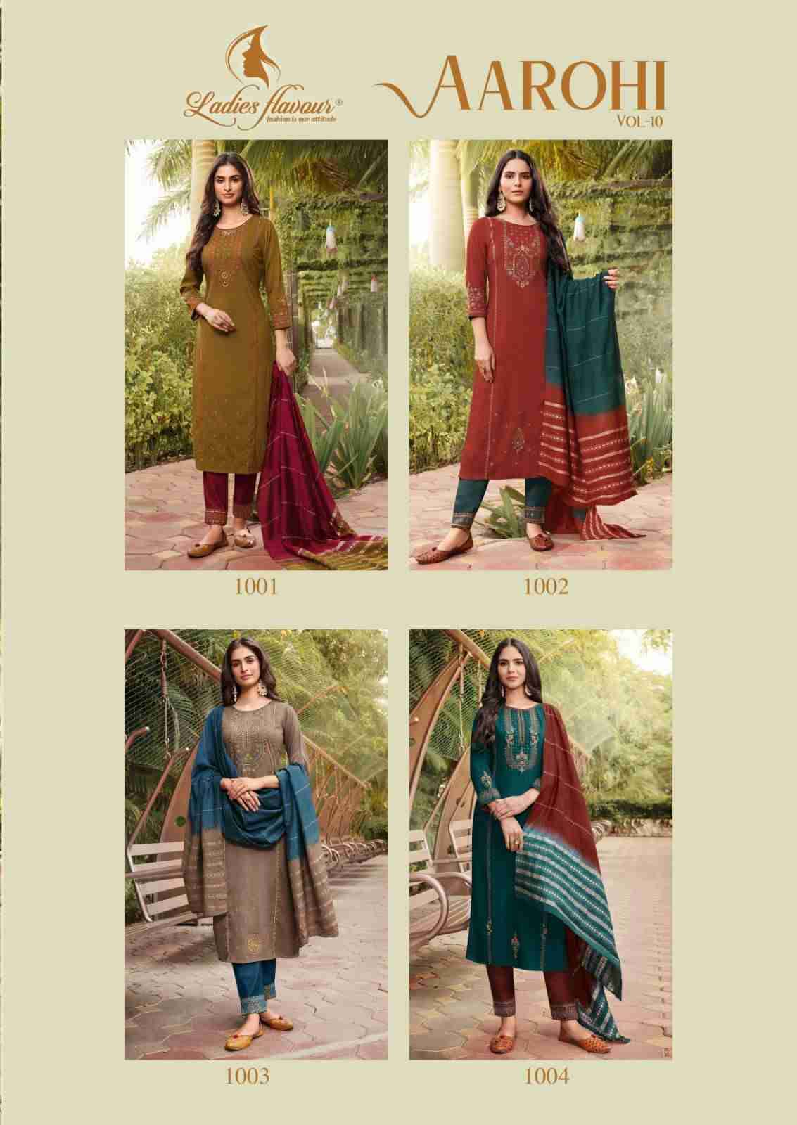 Aarohi Vol-10 By Ladies Flavour 1001 To 1004 Series Beautiful Stylish Suits Fancy Colorful Casual Wear & Ethnic Wear & Ready To Wear Chinnon Embroidered Dresses At Wholesale Price