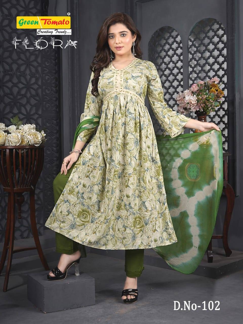 Flora By Green Tomato 101 To 109 Series Designer Anarkali Suits Collection Beautiful Stylish Fancy Colorful Party Wear & Occasional Wear Rayon Print Dresses At Wholesale Price