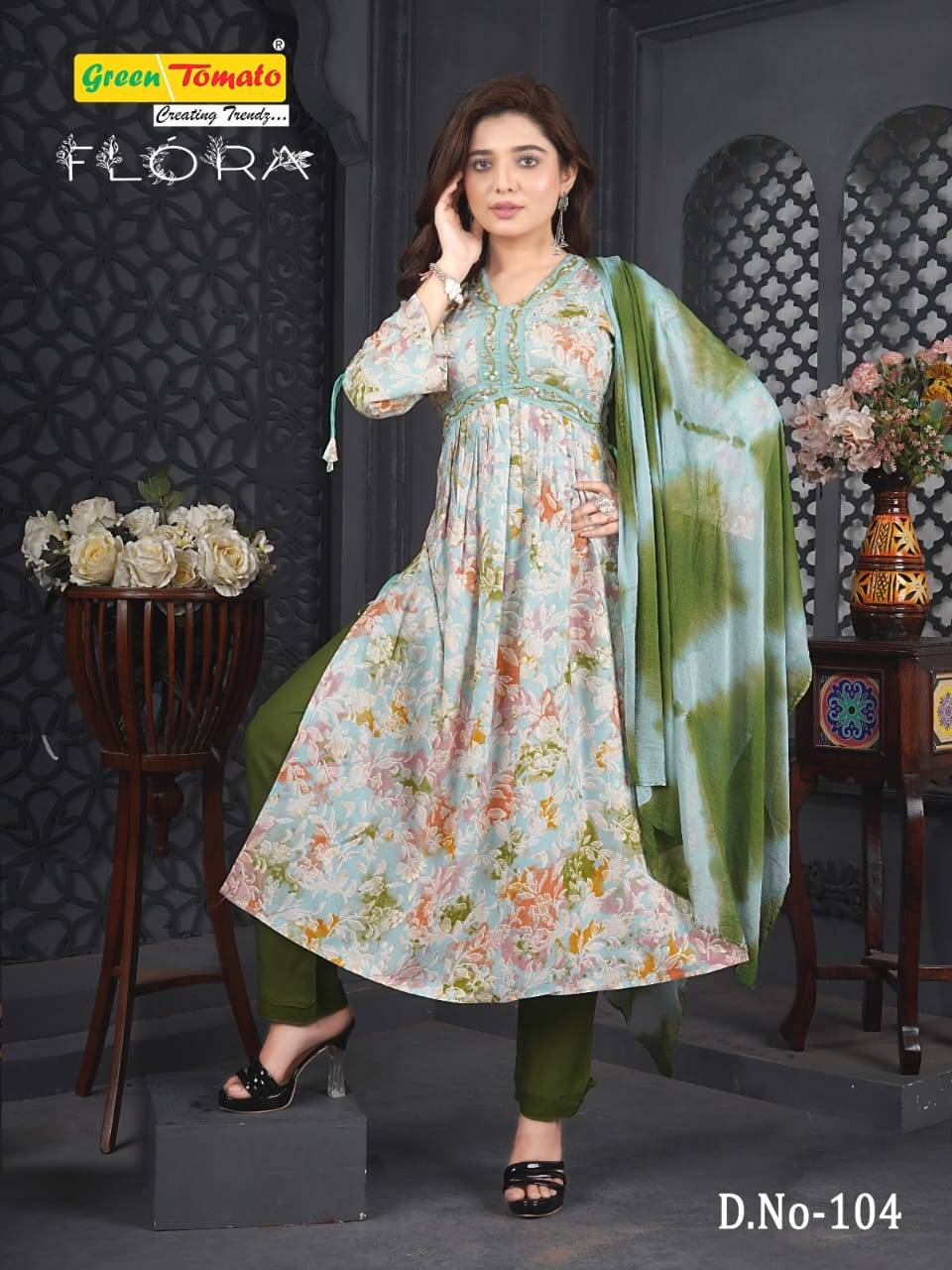 Flora By Green Tomato 101 To 109 Series Designer Anarkali Suits Collection Beautiful Stylish Fancy Colorful Party Wear & Occasional Wear Rayon Print Dresses At Wholesale Price
