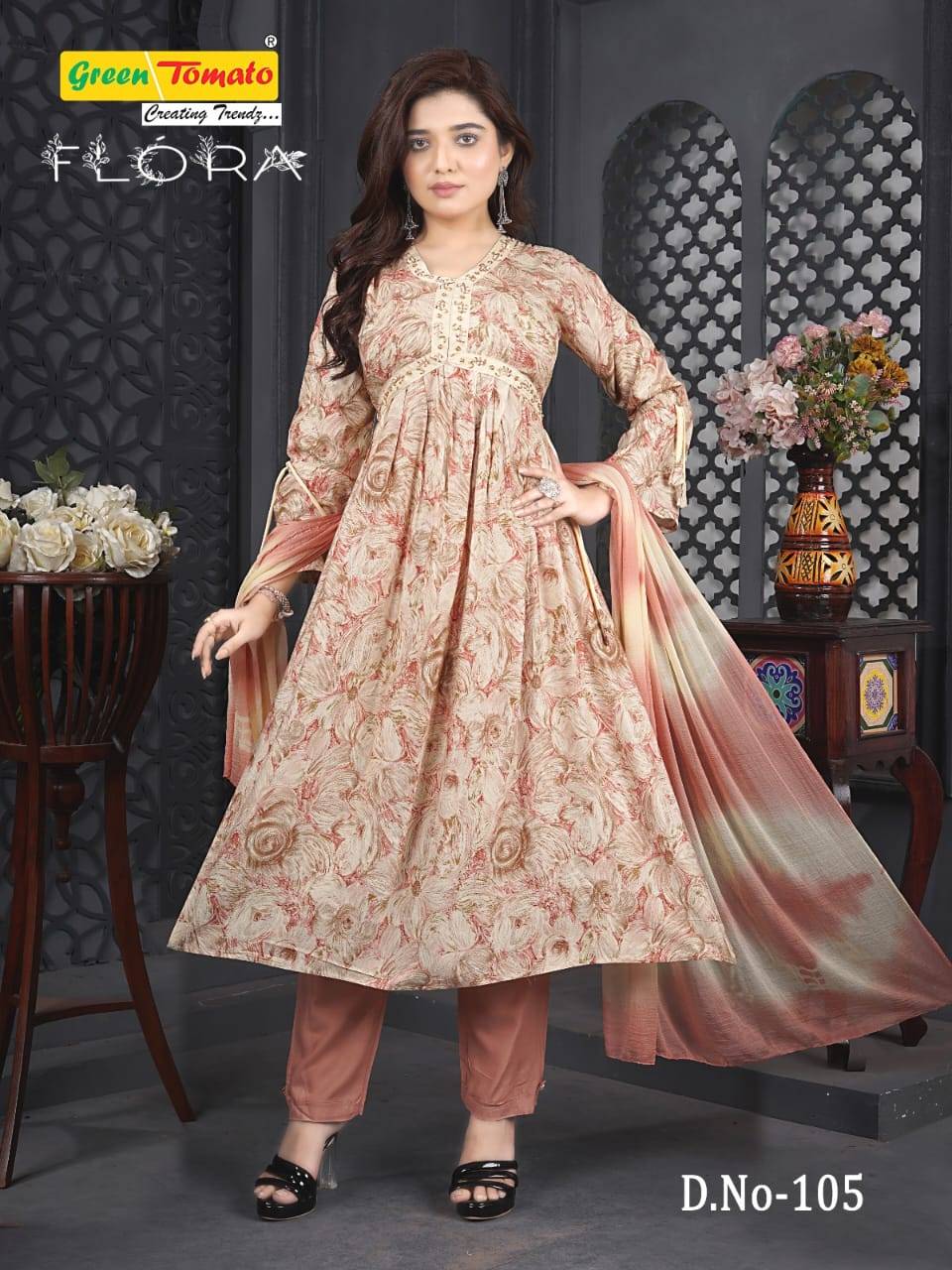 Flora By Green Tomato 101 To 109 Series Designer Anarkali Suits Collection Beautiful Stylish Fancy Colorful Party Wear & Occasional Wear Rayon Print Dresses At Wholesale Price