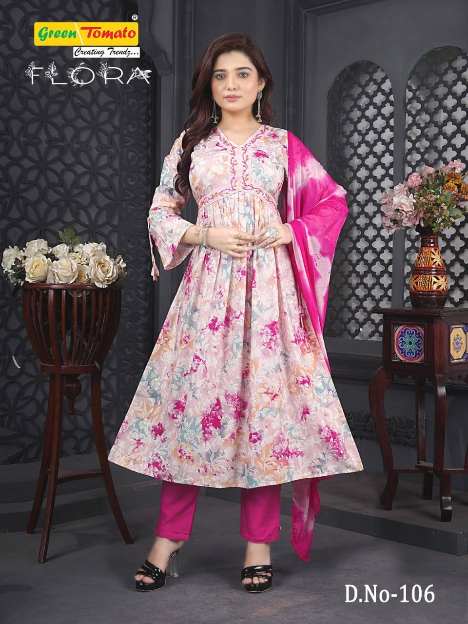 Flora By Green Tomato 101 To 109 Series Designer Anarkali Suits Collection Beautiful Stylish Fancy Colorful Party Wear & Occasional Wear Rayon Print Dresses At Wholesale Price
