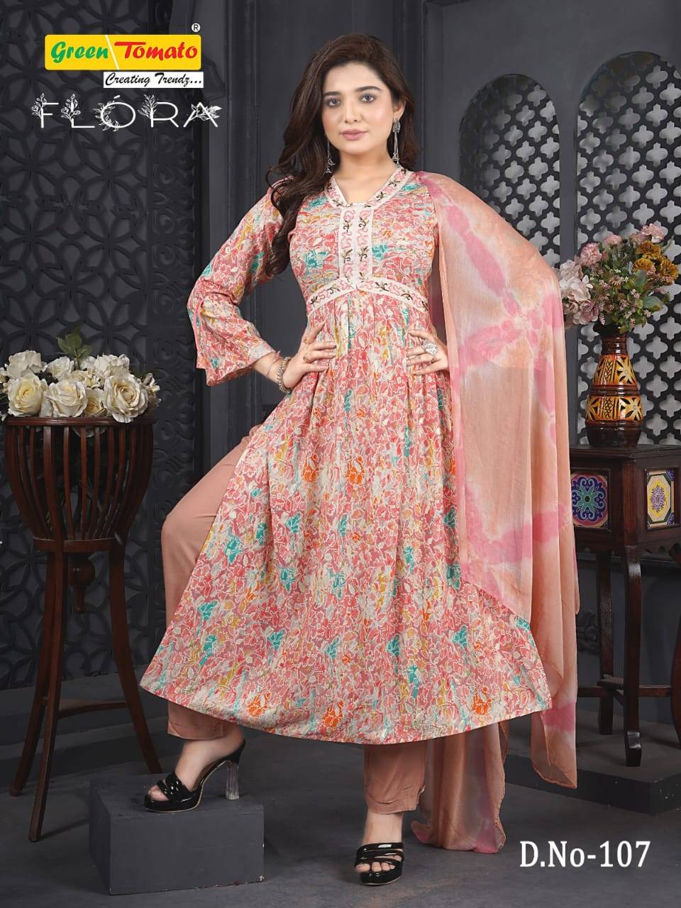Flora By Green Tomato 101 To 109 Series Designer Anarkali Suits Collection Beautiful Stylish Fancy Colorful Party Wear & Occasional Wear Rayon Print Dresses At Wholesale Price