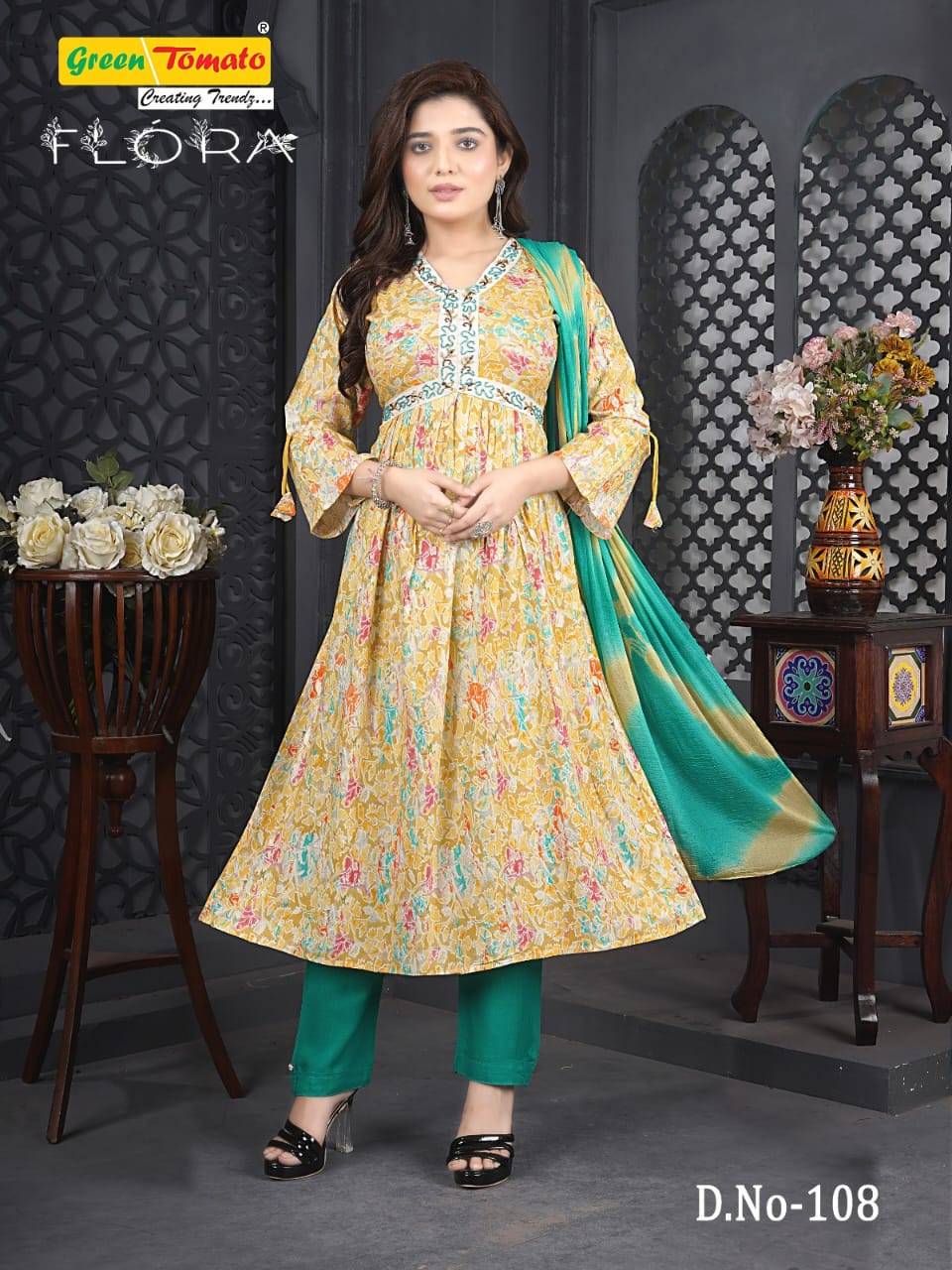 Flora By Green Tomato 101 To 109 Series Designer Anarkali Suits Collection Beautiful Stylish Fancy Colorful Party Wear & Occasional Wear Rayon Print Dresses At Wholesale Price