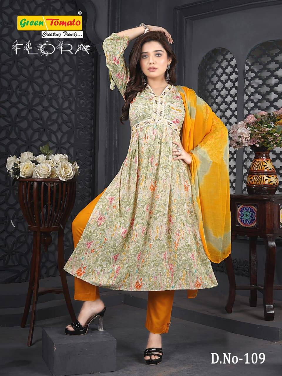 Flora By Green Tomato 101 To 109 Series Designer Anarkali Suits Collection Beautiful Stylish Fancy Colorful Party Wear & Occasional Wear Rayon Print Dresses At Wholesale Price
