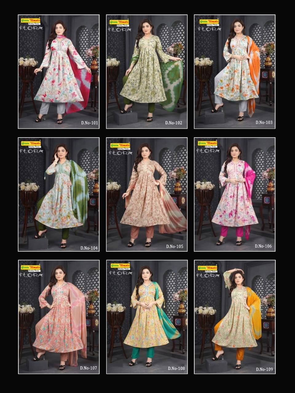 Flora By Green Tomato 101 To 109 Series Designer Anarkali Suits Collection Beautiful Stylish Fancy Colorful Party Wear & Occasional Wear Rayon Print Dresses At Wholesale Price