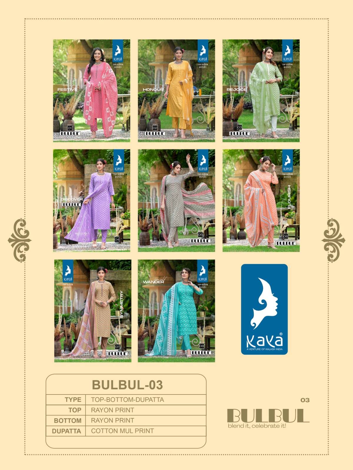 Bulbul Vol-3 By Kaya 01 To 08 Series Beautiful Suits Colorful Stylish Fancy Casual Wear & Ethnic Wear Rayon Dresses At Wholesale Price