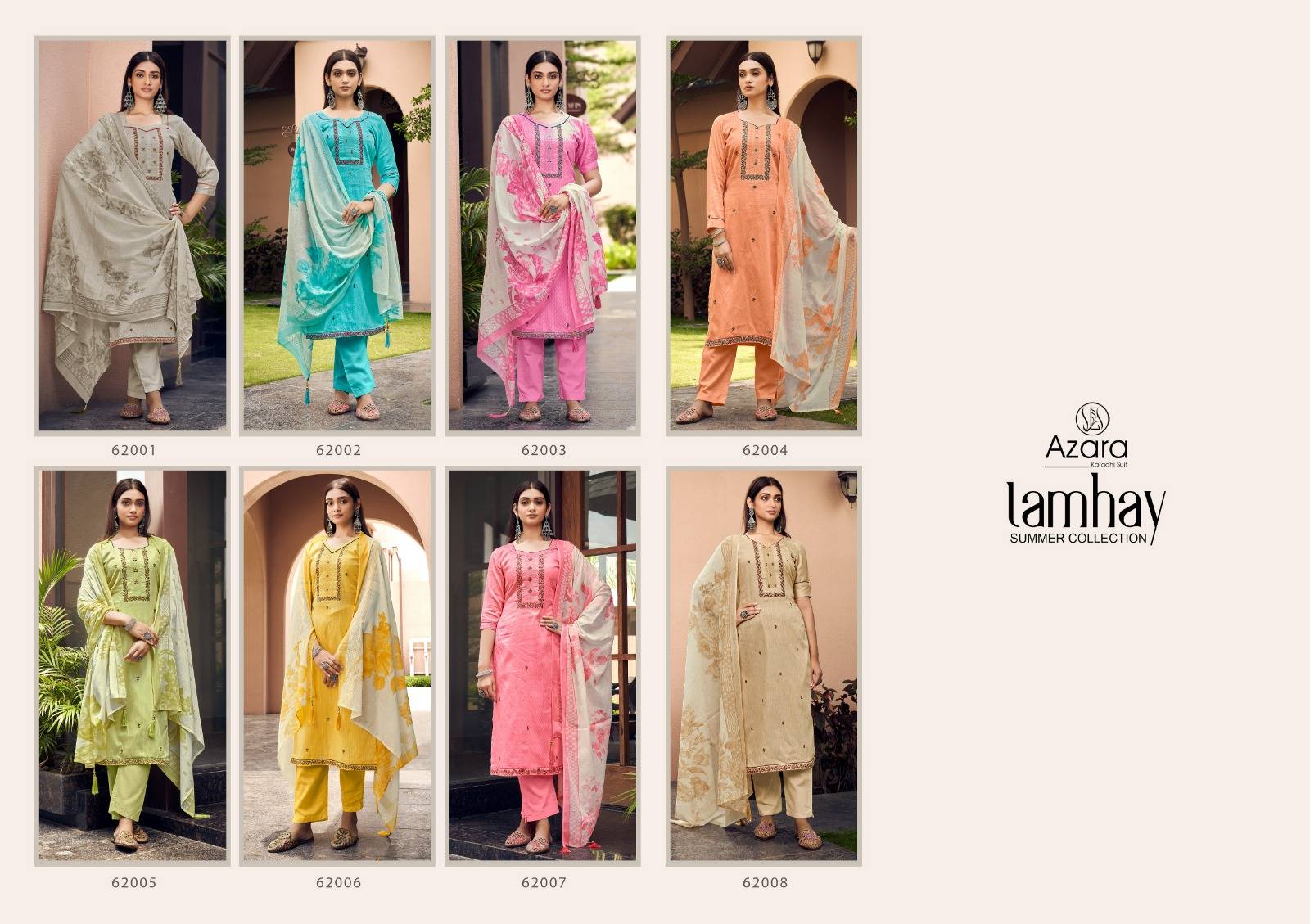 Lamhay By Azara 62001 To 62008 Series Beautiful Festive Suits Colorful Stylish Fancy Casual Wear & Ethnic Wear Pure Jam Cotton Embroidered Dresses At Wholesale Price