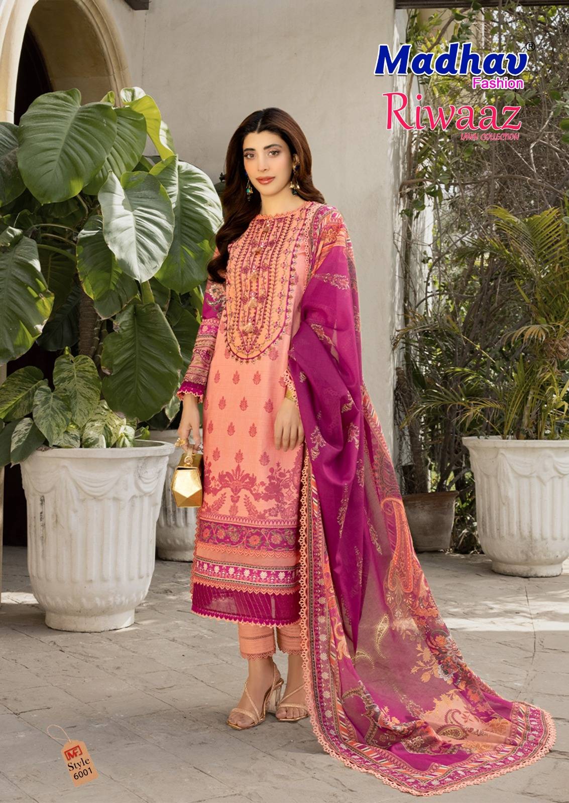 Riwaaz Vol-6 By Madhav Fashion 6001 To 6006 Series Beautiful Stylish Suits Fancy Colorful Casual Wear & Ethnic Wear & Ready To Wear Pure Lawn Cotton Dresses At Wholesale Price