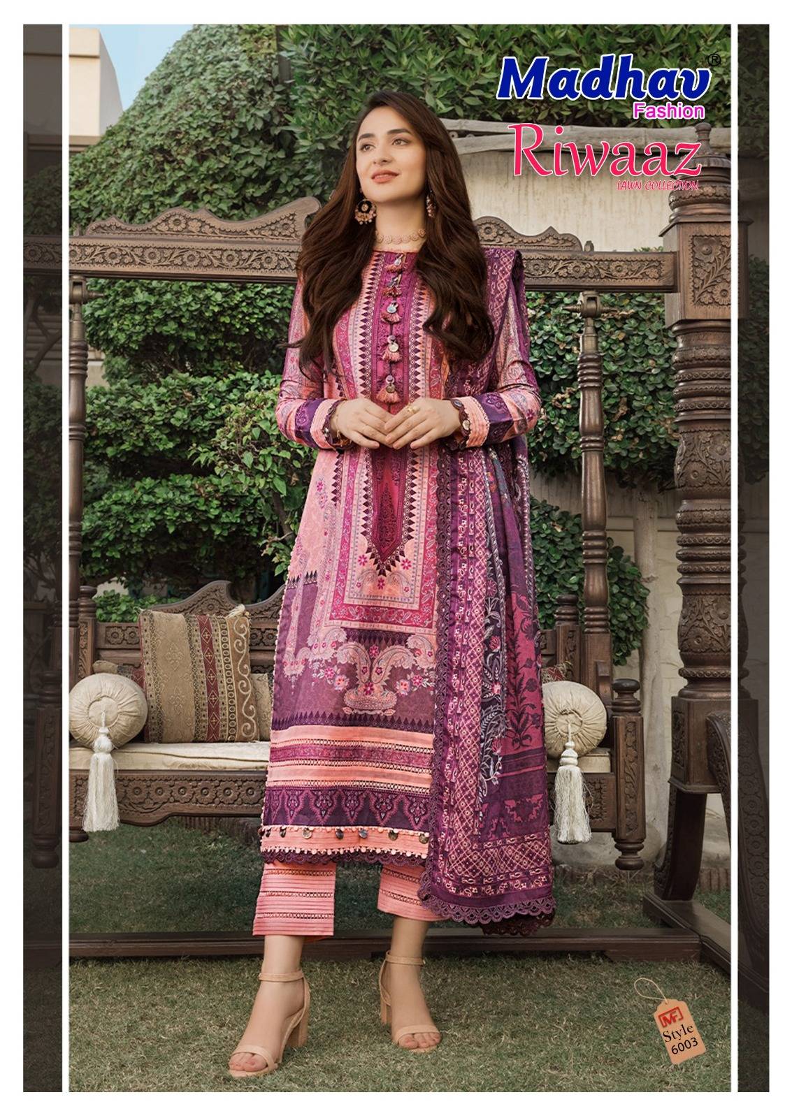 Riwaaz Vol-6 By Madhav Fashion 6001 To 6006 Series Beautiful Stylish Suits Fancy Colorful Casual Wear & Ethnic Wear & Ready To Wear Pure Lawn Cotton Dresses At Wholesale Price