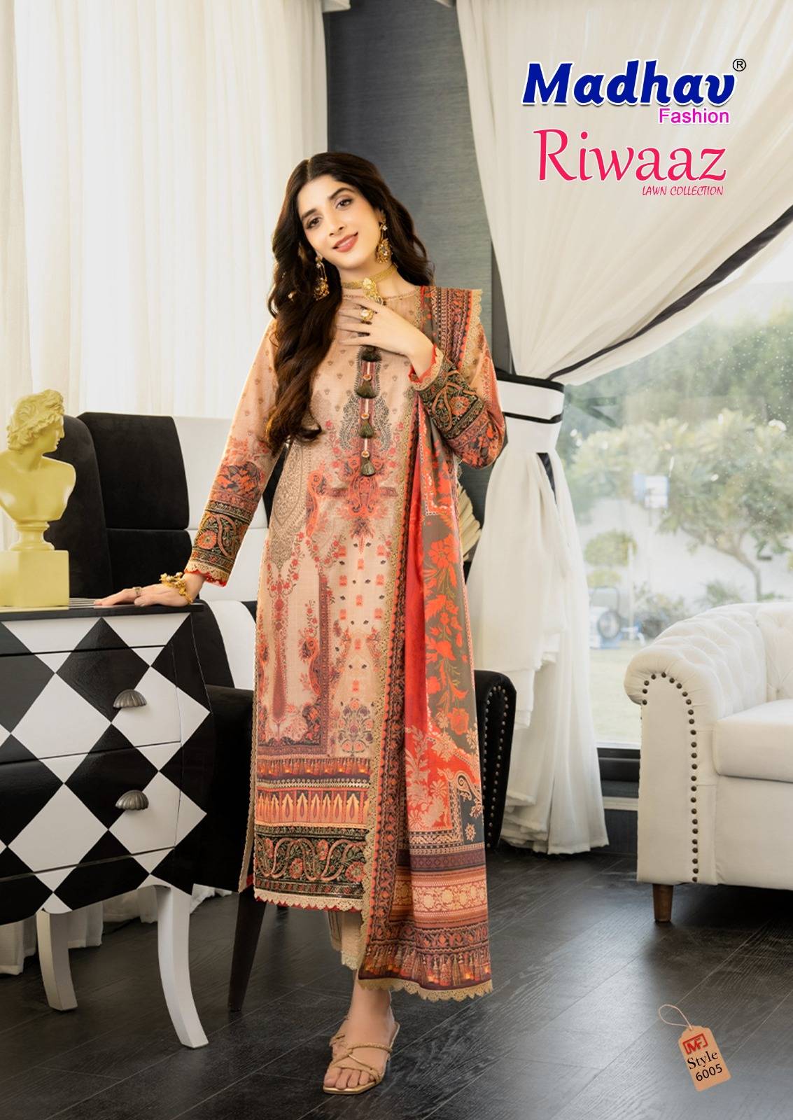 Riwaaz Vol-6 By Madhav Fashion 6001 To 6006 Series Beautiful Stylish Suits Fancy Colorful Casual Wear & Ethnic Wear & Ready To Wear Pure Lawn Cotton Dresses At Wholesale Price