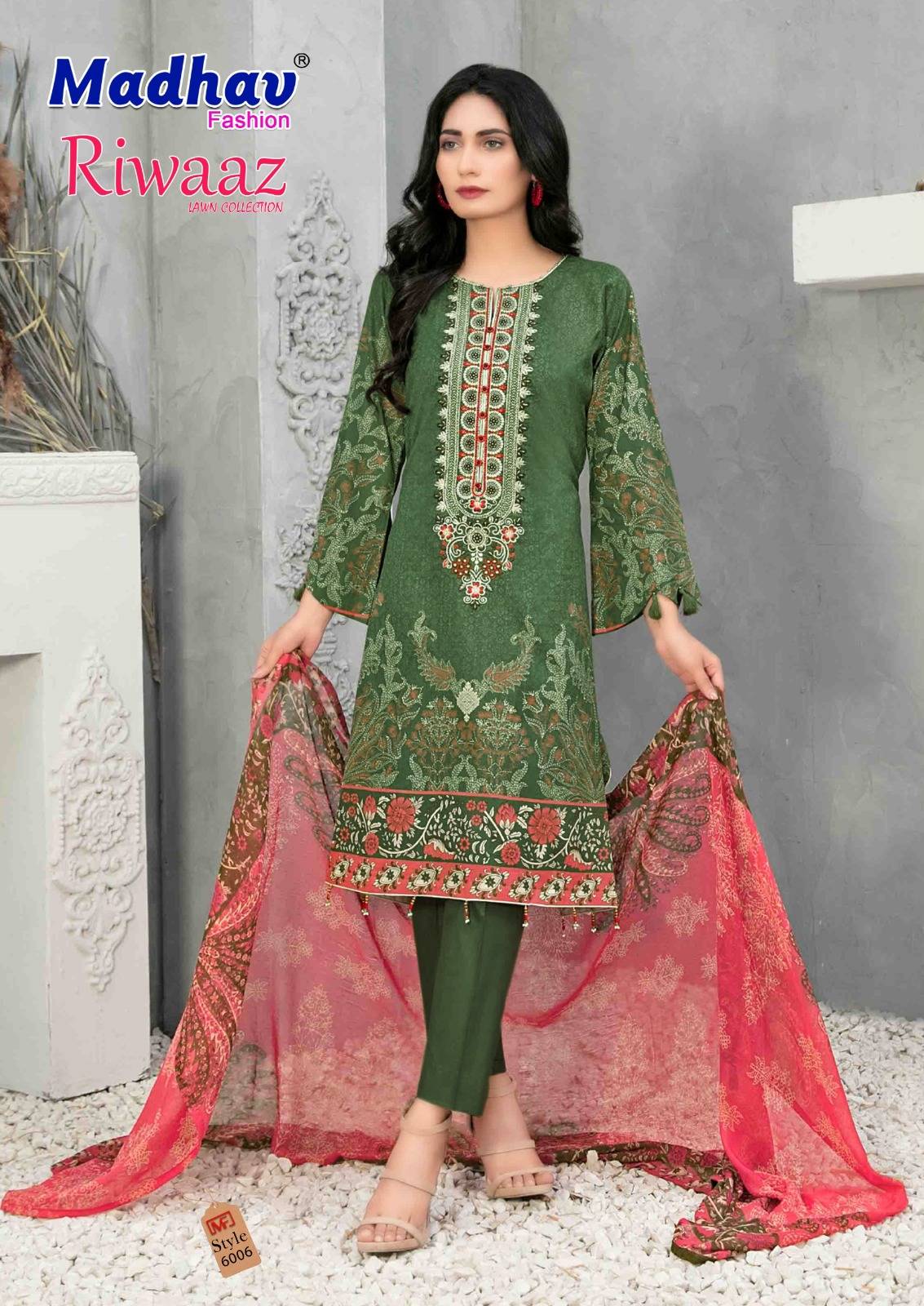 Riwaaz Vol-6 By Madhav Fashion 6001 To 6006 Series Beautiful Stylish Suits Fancy Colorful Casual Wear & Ethnic Wear & Ready To Wear Pure Lawn Cotton Dresses At Wholesale Price