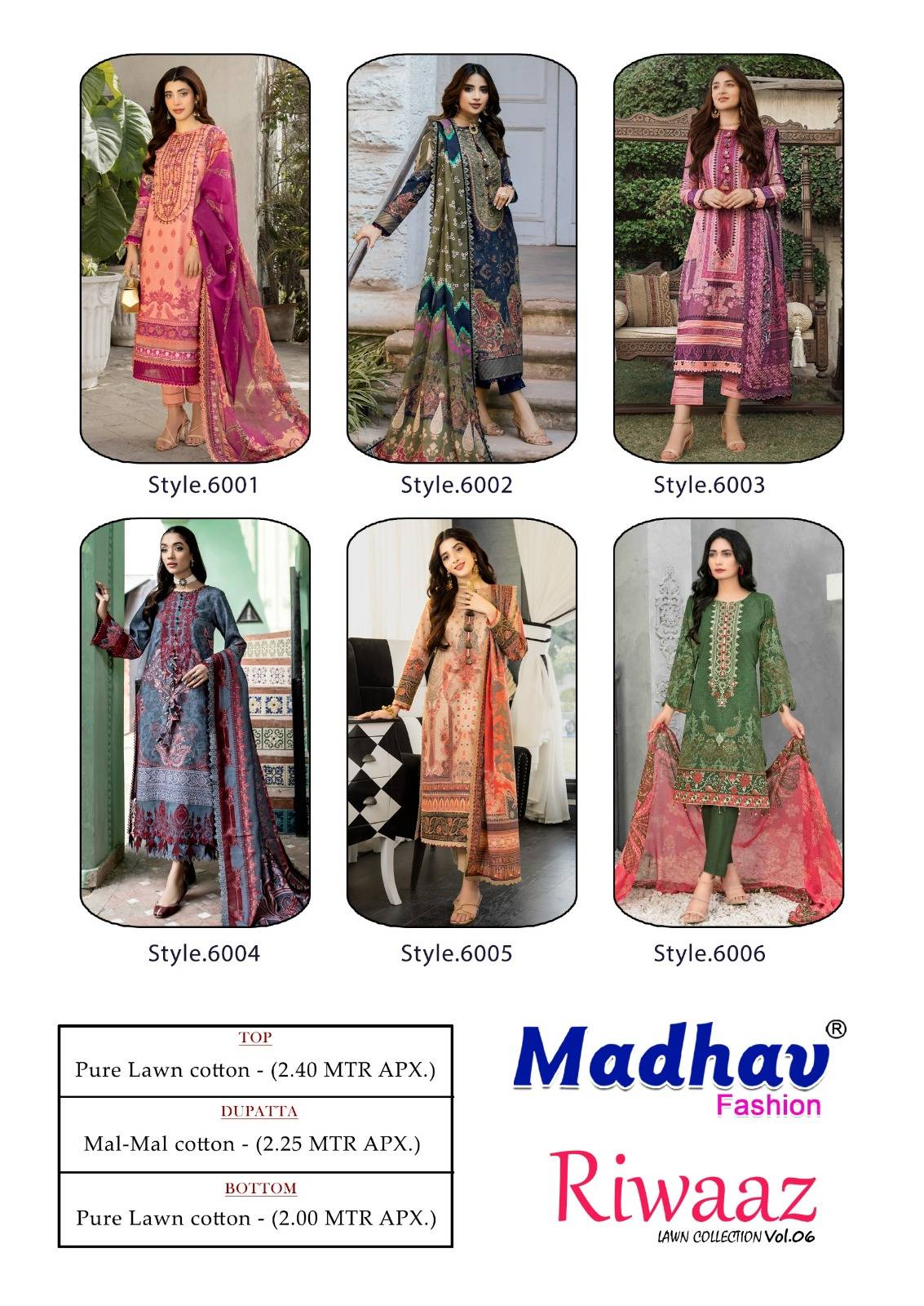 Riwaaz Vol-6 By Madhav Fashion 6001 To 6006 Series Beautiful Stylish Suits Fancy Colorful Casual Wear & Ethnic Wear & Ready To Wear Pure Lawn Cotton Dresses At Wholesale Price