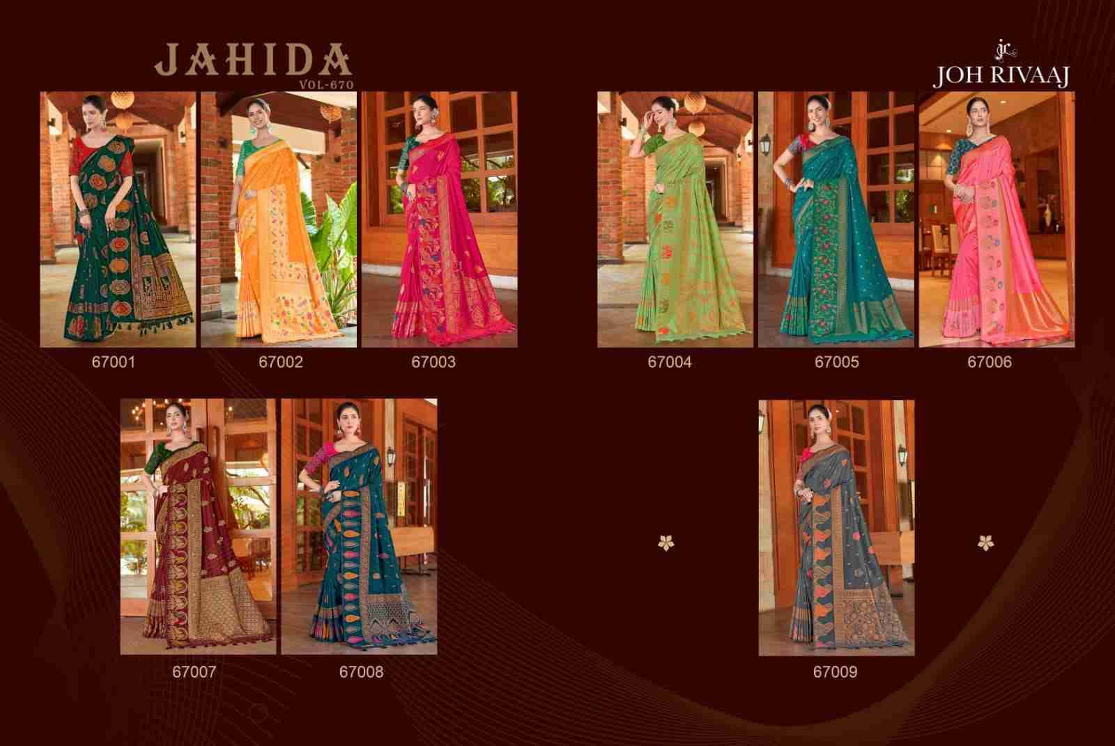 Jahida By Joh Rivaaj 67001 To 67009 Series Indian Traditional Wear Collection Beautiful Stylish Fancy Colorful Party Wear & Occasional Wear Silk Sarees At Wholesale Price